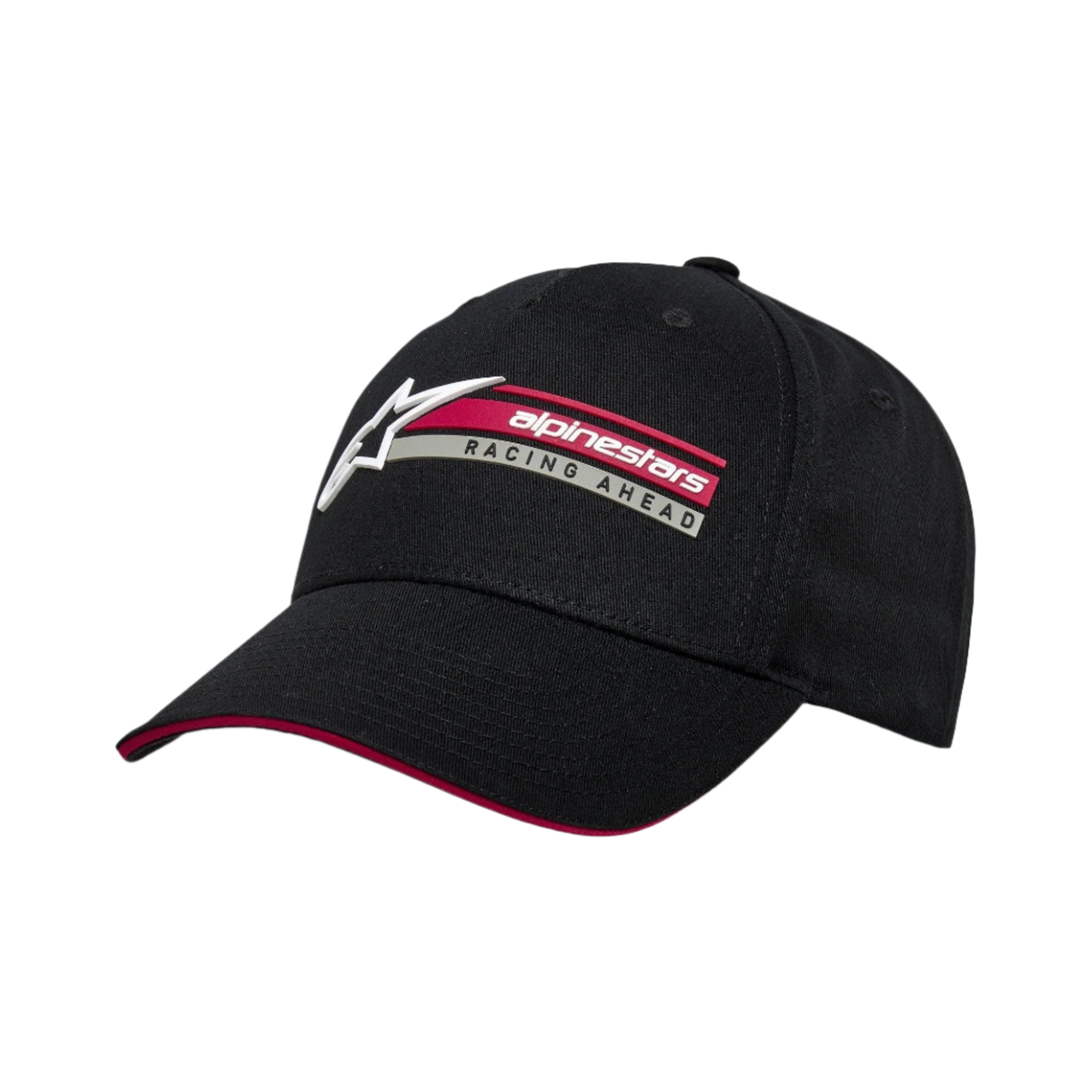 Alpinestars Par kasket, sort snapback-kasket, kurvet skygge med rød sandwich-detalje, 3D-broderi på siden med Alpinestars-logo og Racing Ahead-tekst, struktureret afslappet sportstøj