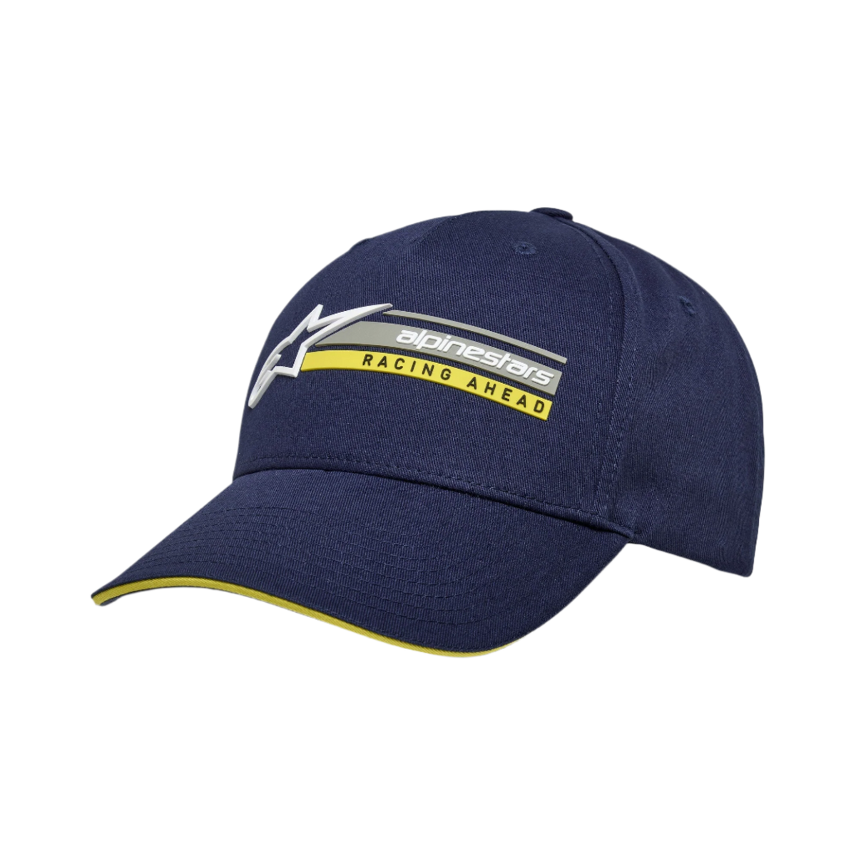 Alpinestars Par Hat, mørkeblå snapback-kasket, 3D-logobroderi med gul 'RACING AHEAD'-tekst, kurvet skygge med gul sandwich-detalje, struktureret bomuldstwill, afslappet motorsport-hovedbeklædning