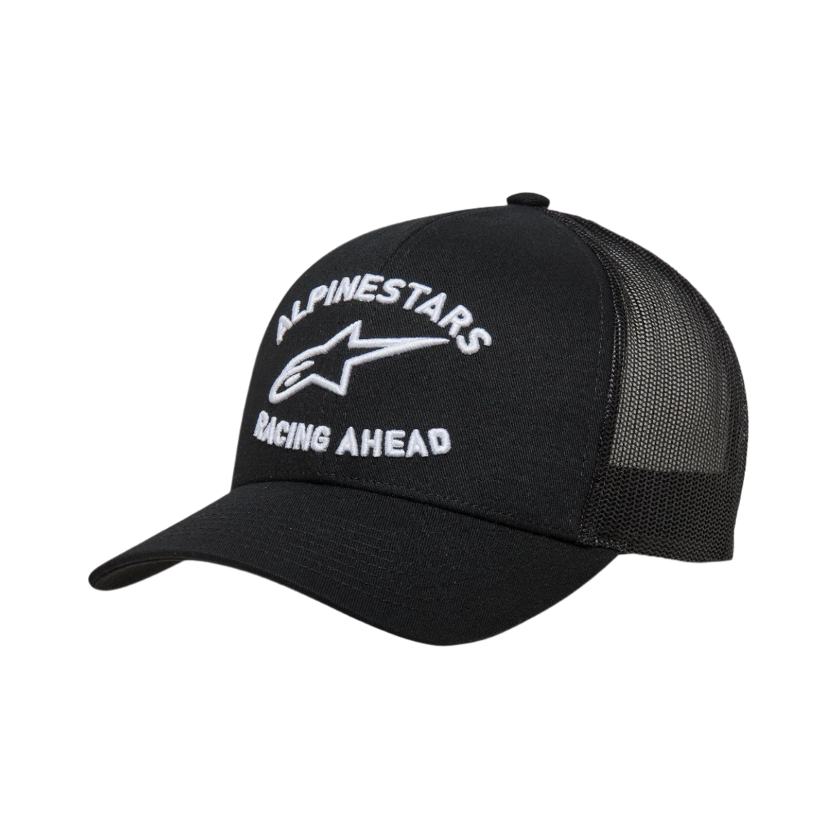 Alpinestars Triple Trucker Hat, Black trucker cap with curved bill and mesh back, white 3D lock-up embroidery featuring 'Alpinestars Racing Ahead' and logo, casual motorsport-inspired headwear