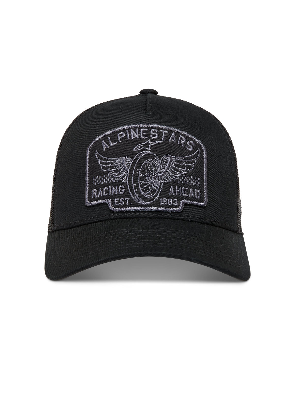 Alpinestars Heritage Patch Trucker kasket, sort og grå, med buet skygge, mesh-bagside og broderet racing-logo