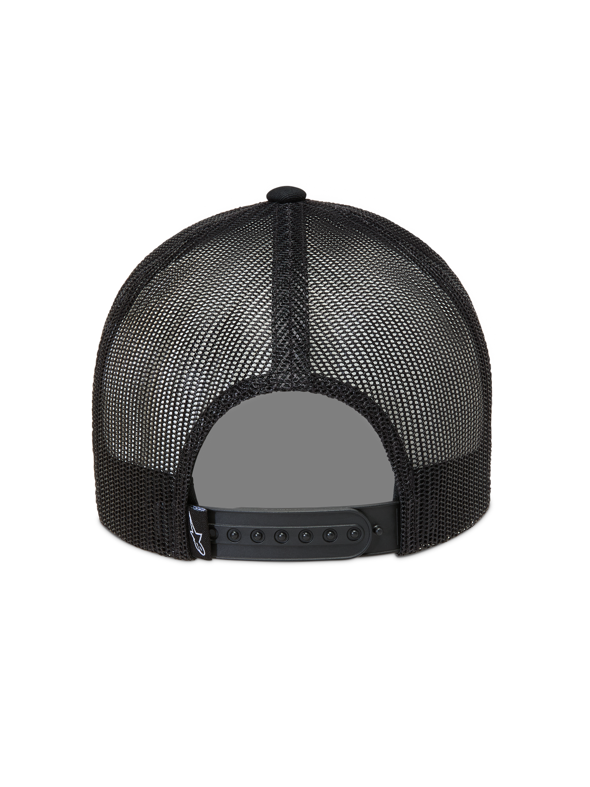 Alpinestars Heritage Patch trucker cap, sort, set bagfra med åndbart mesh-materiale og justerbar snapback-lukning.