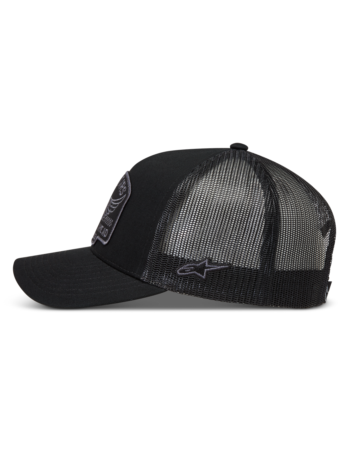Alpinestars Heritage Patch Trucker cap, sort og grå, med buet skygge og åndbar mesh-bagside, casual motorsport-streetwear.