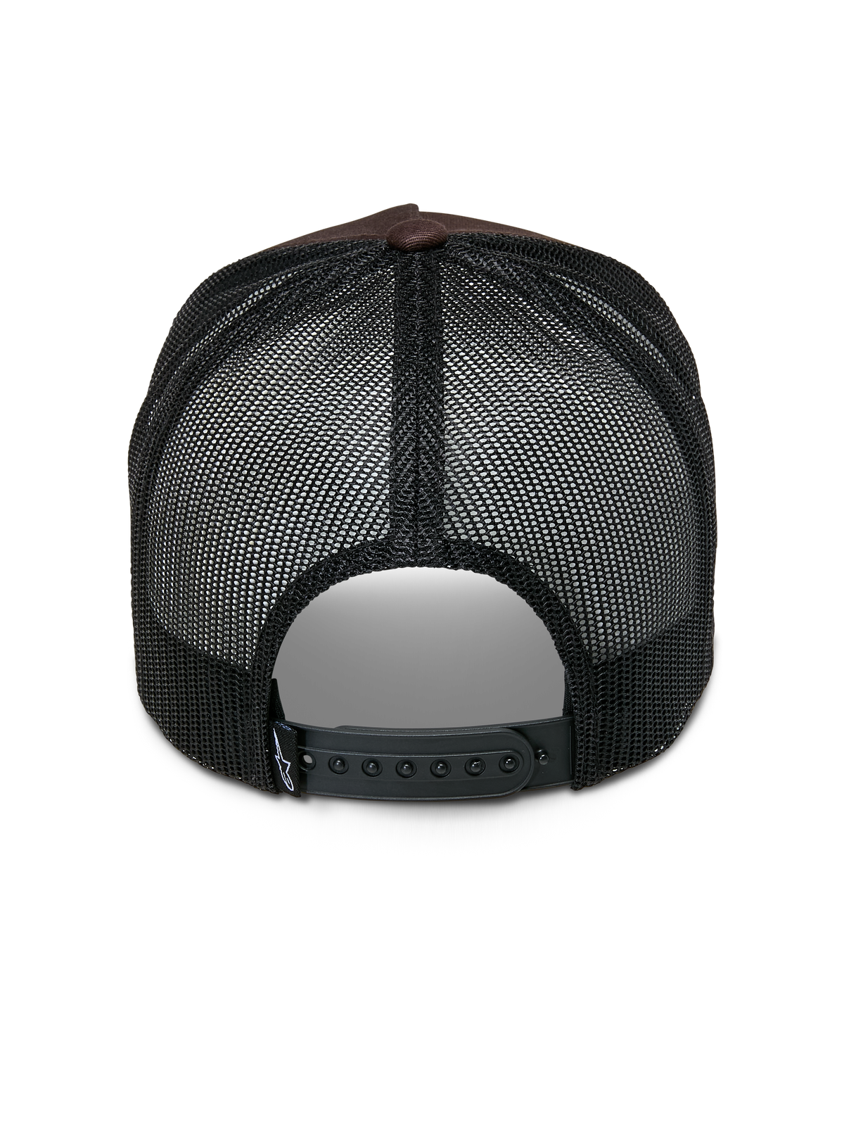 Alpinestars Heritage Patch Trucker kasket, trucker kasket, brun og sort, set bagfra med sorte mesh-paneler, justerbar snapback-lukning og lille hvid logodetalje på remmen