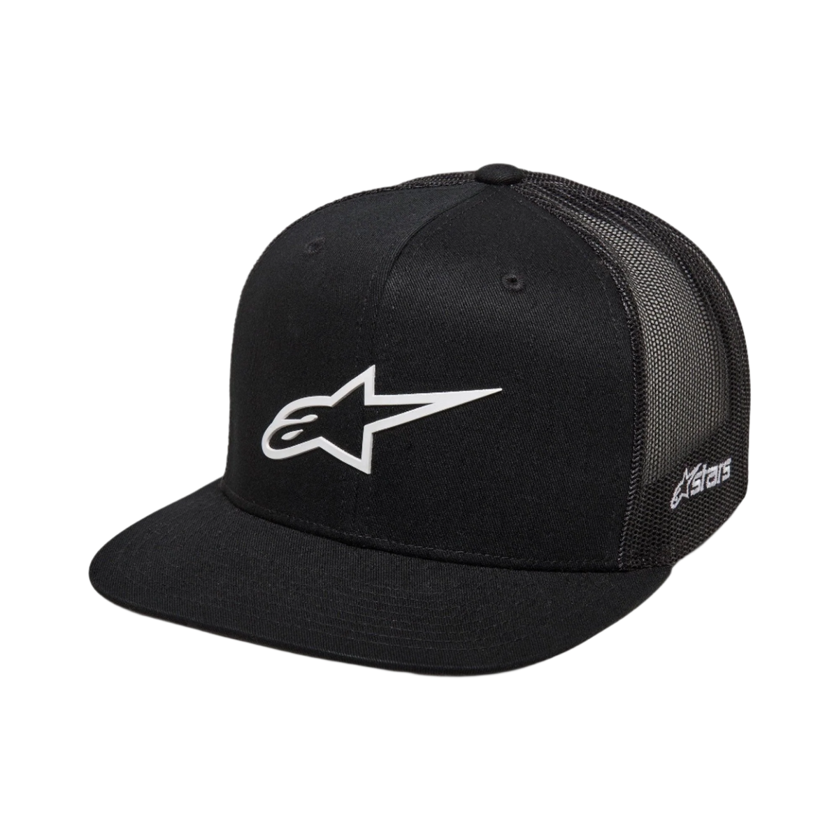 Alpinestars 3D Ageless Trucker kasket, sort med hvidt Alpinestars-logo, flad skygge, struktureret krone, sort mesh-bagside, afslappet motorsport-inspireret sportstøj