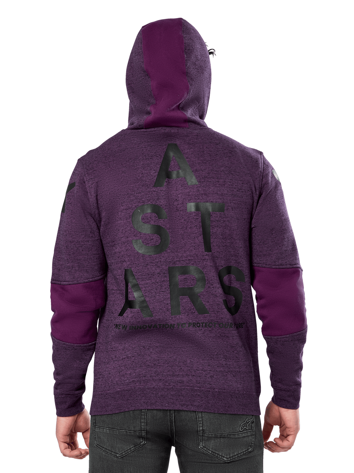 Alpinestars Perpetuate hættetrøje, lilla meleret pullover-fleece, set bagfra med stor sort 'ASTARS'-grafik og 'NEW INNOVATION TO PROTECT OUR FUTURE'-tekst, lilla stofblokering på ærmer og hætte, afslappet motorsport-inspireret design.