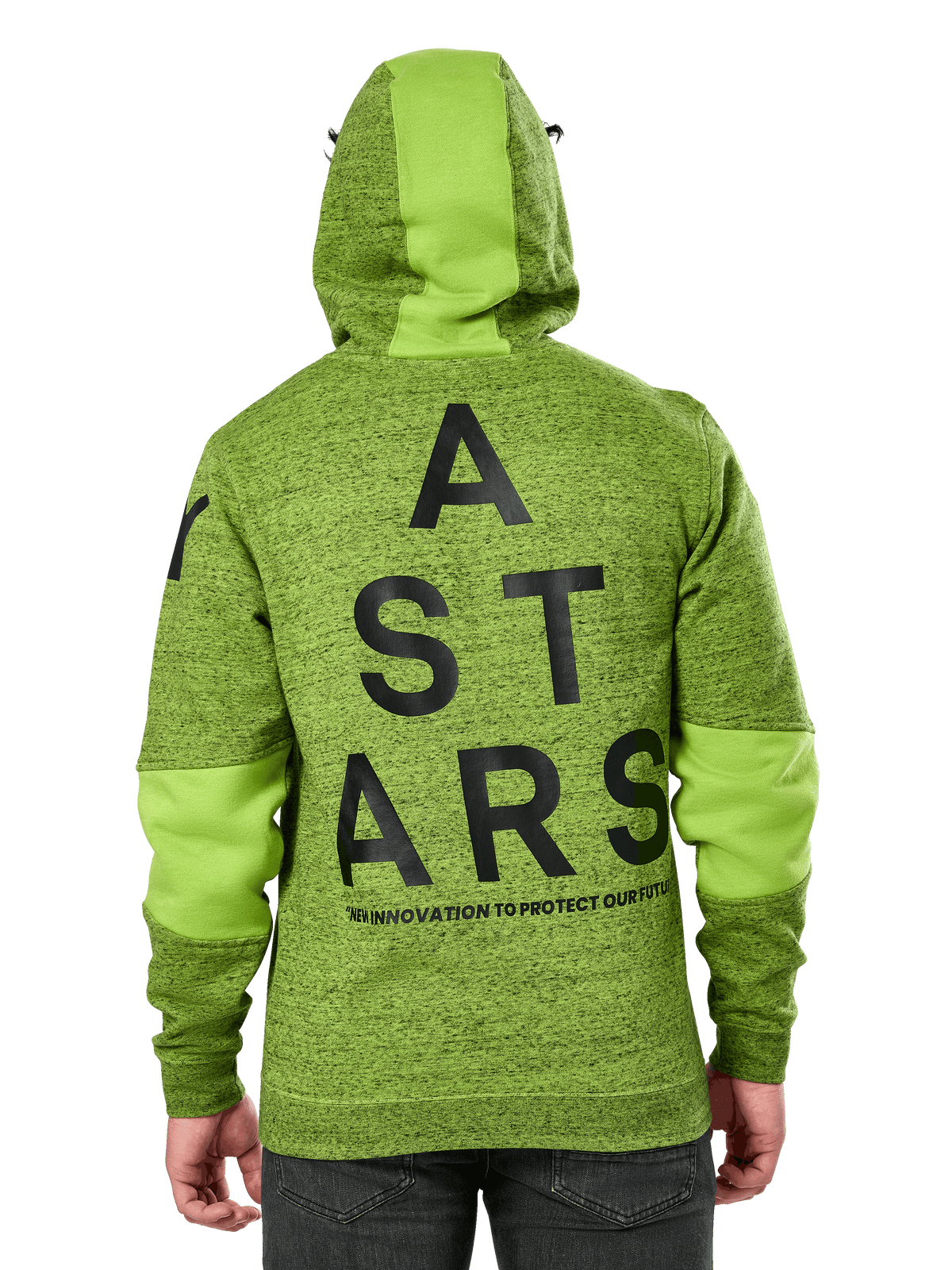 Alpinestars Perpetuate Hoodie, set bagfra, limegrøn meleret fleece med ensfarvet grøn stofblokering på hætte og ærmer, stor sort ASTARS-grafik på ryggen, casual motorsport-inspireret streetwear