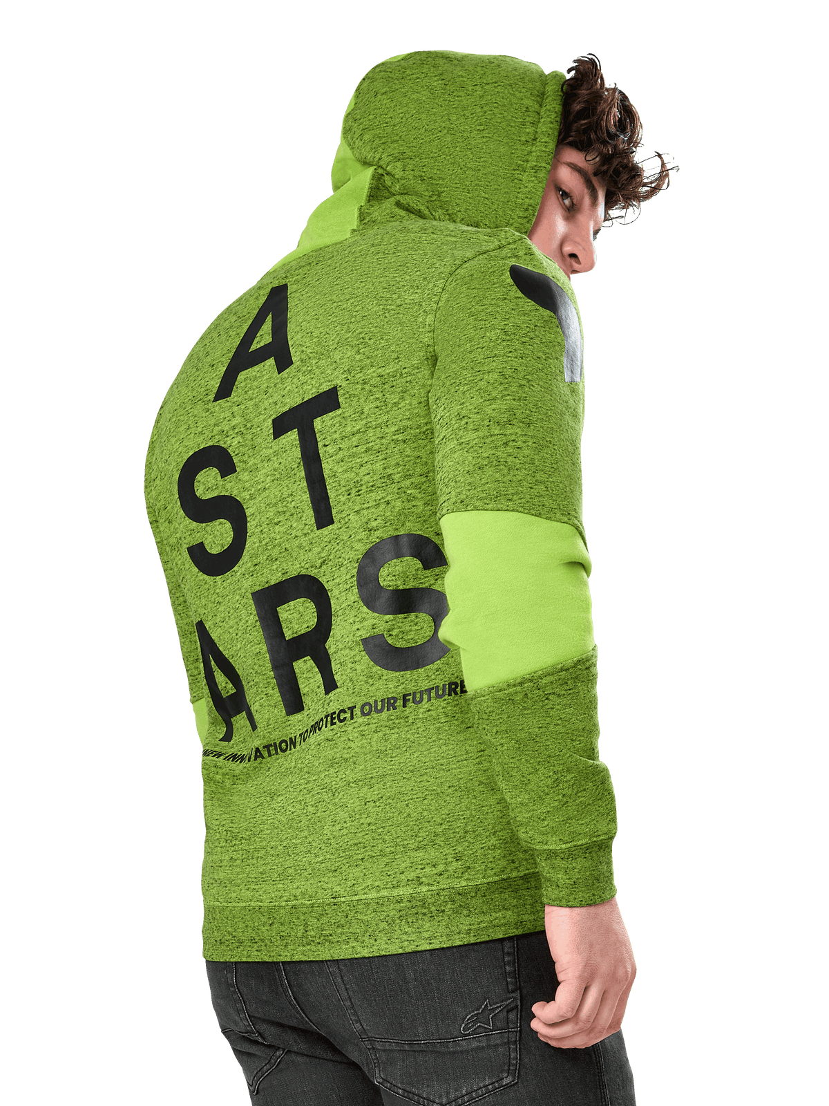 Alpinestars Perpetuate hættetrøje, afslappet sportswear-hættetrøje, limegrøn meleret fleece, set bagfra med stor sort vertikal ASTARS-grafik på ryggen og skulderlogo, stofblokering på ærmerne, hætte med snoretræk, moderne motorsport-inspireret streetwear