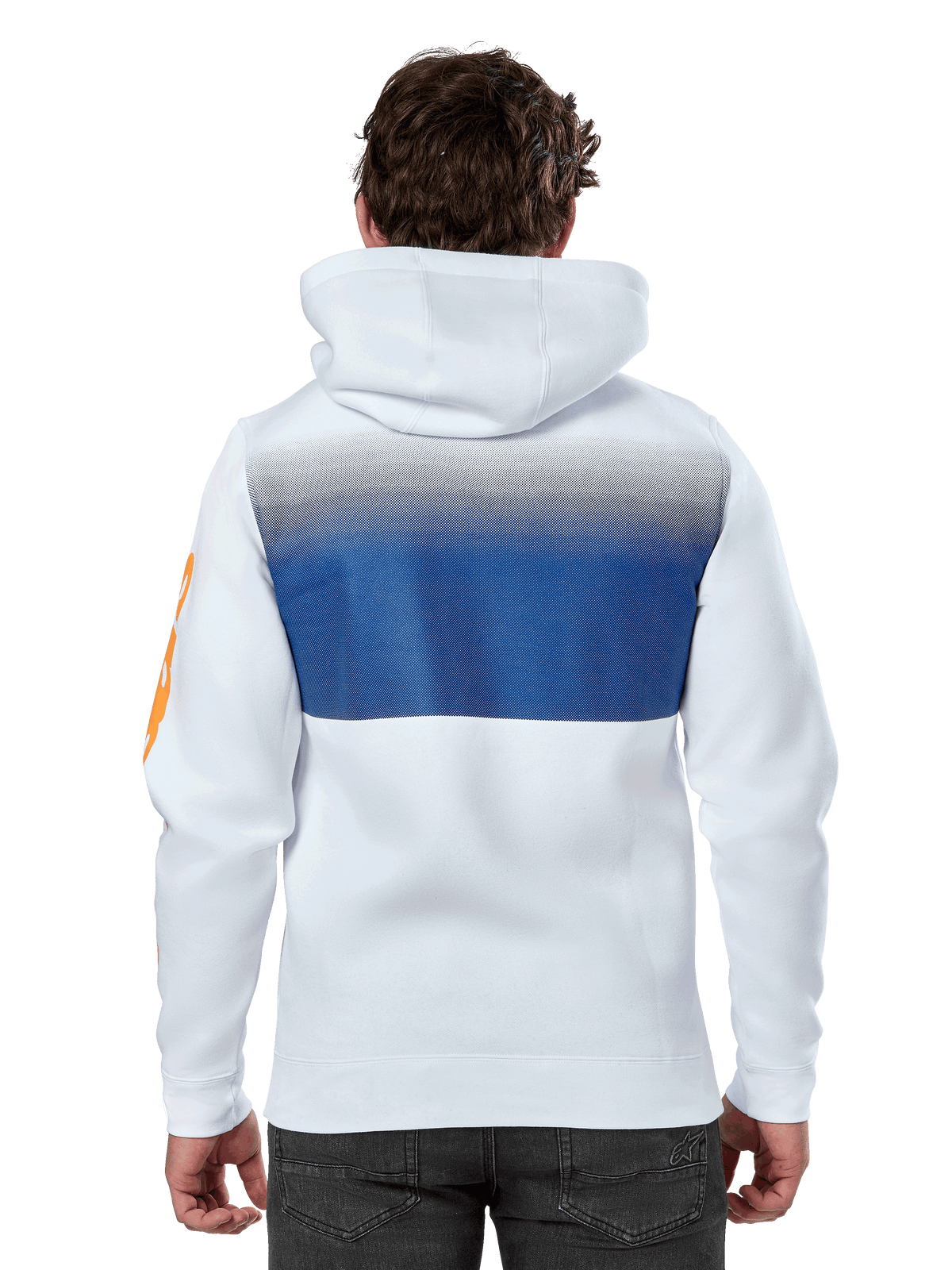 Alpinestars Specter Hoodie, hvid, afslappet streetwear-hættetrøje med et blåt gradueringsfade-print på ryggen, orange ordmærke-logo på ærmet, set bagfra