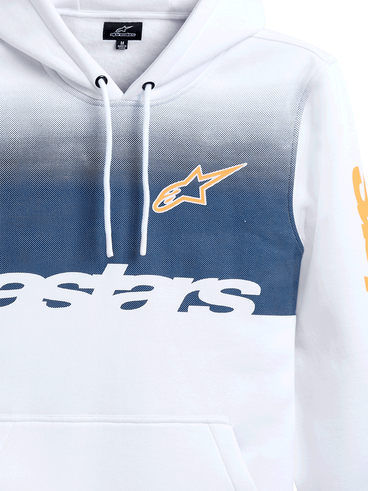 Alpinestars Specter hættetrøje, hvid med marineblåt gradueringsprint, orange Alpinestars stjernelogo og hvidt ordmærke, afslappet motorsport-inspireret streetwear-fleece med snørehætte