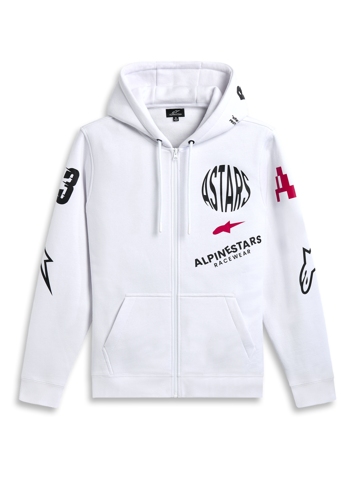 Alpinestars Variegate Hoodie, Zip Front Fleece Hoodie, White, Multi-logo art with black ASTARS circular text and red star logo on chest, graphics on sleeves, kangaroo pockets and drawstring hood, casual motorsport streetwear