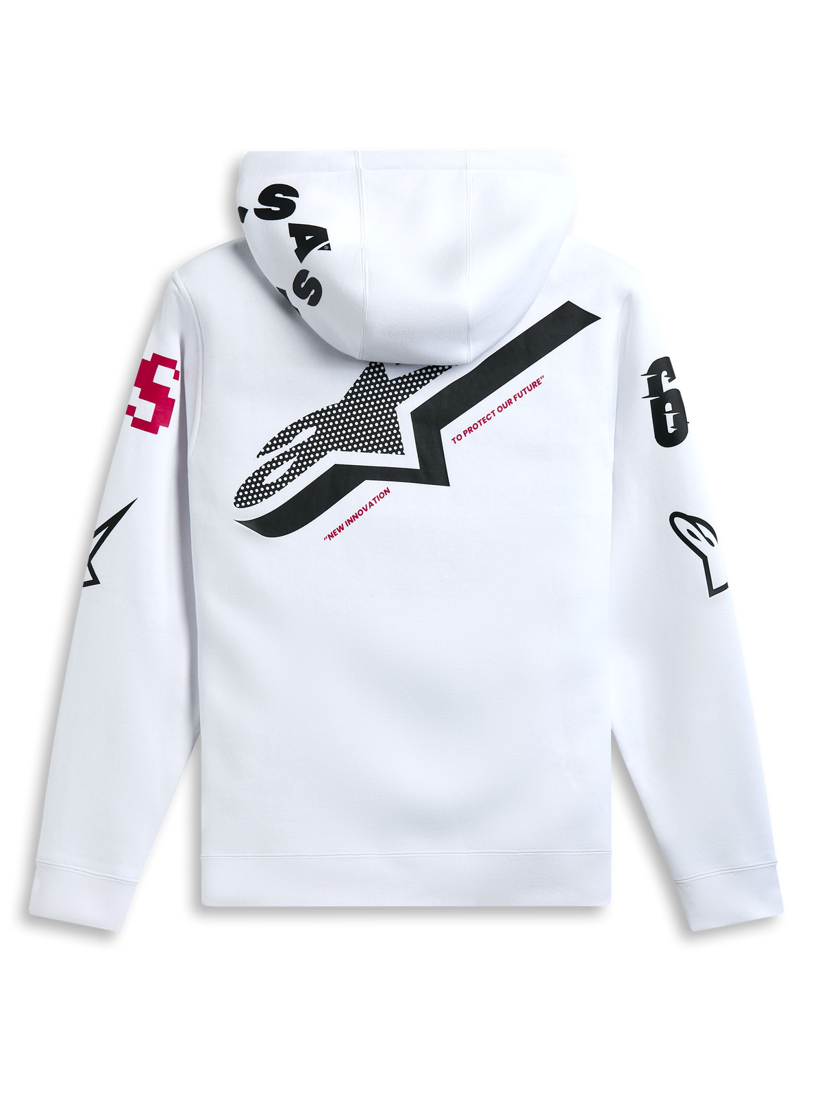 Alpinestars Variegate Hoodie, White, back view featuring large black star logo with red 'New Innovation' text, multi-logo artwork on sleeves and hood, casual motorsport-inspired streetwear