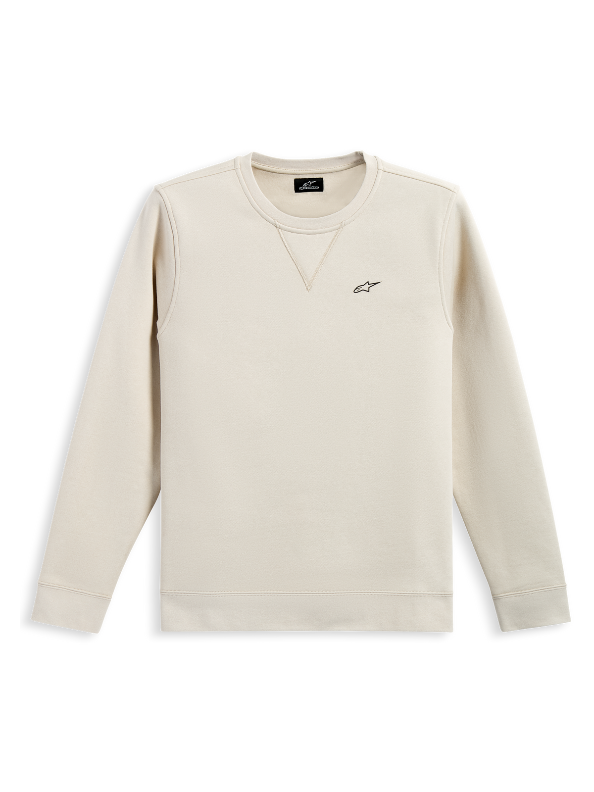 Alpinestars Positive Crew, sweatshirt med rund hals, Off White, lille sort Alpinestars-logo på brystet, ribstrikket krave med V-detalje, ribstrikkede manchetter og kant, afslappet motorsport-inspireret streetwear
