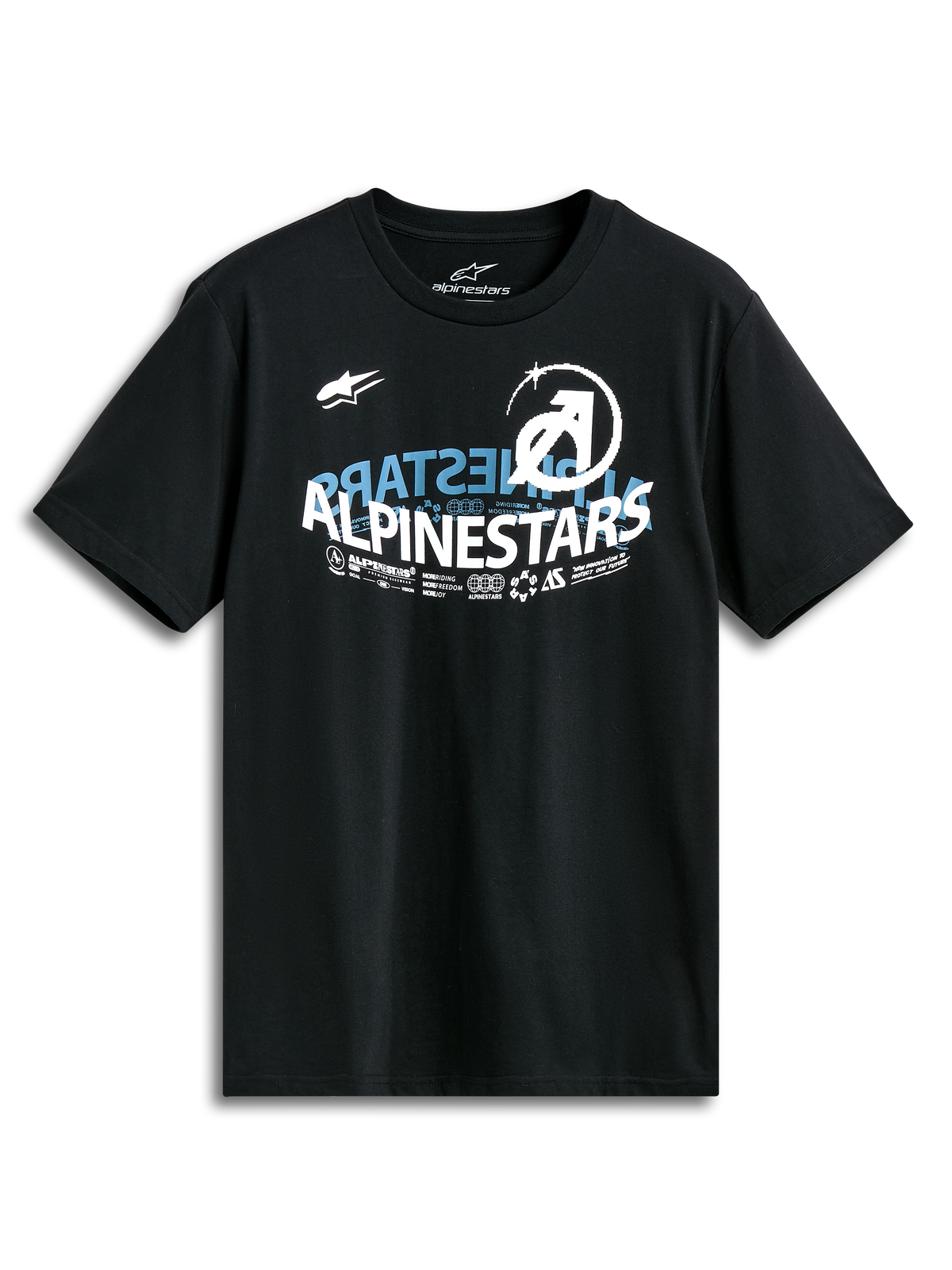 Alpinestars Semicircle Csf Tee, kortærmet t-shirt, sort, buet Alpinestars halvcirkel-grafik på fronten med blå og hvide detaljer, afslappet motorsport-inspireret design