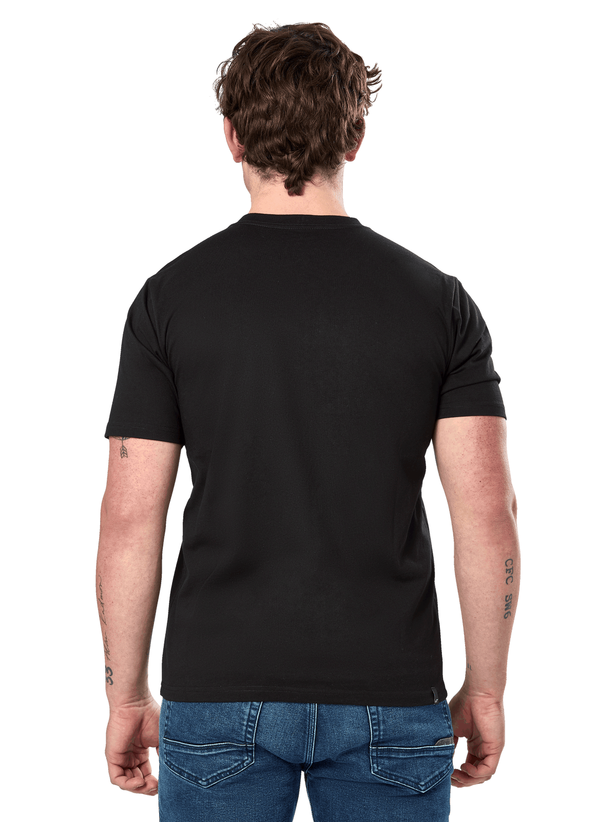 Alpinestars Cereal CSF T-shirt, kortærmet T-shirt, sort, set bagfra, båret med blå jeans, casual motorsport-inspireret streetwear