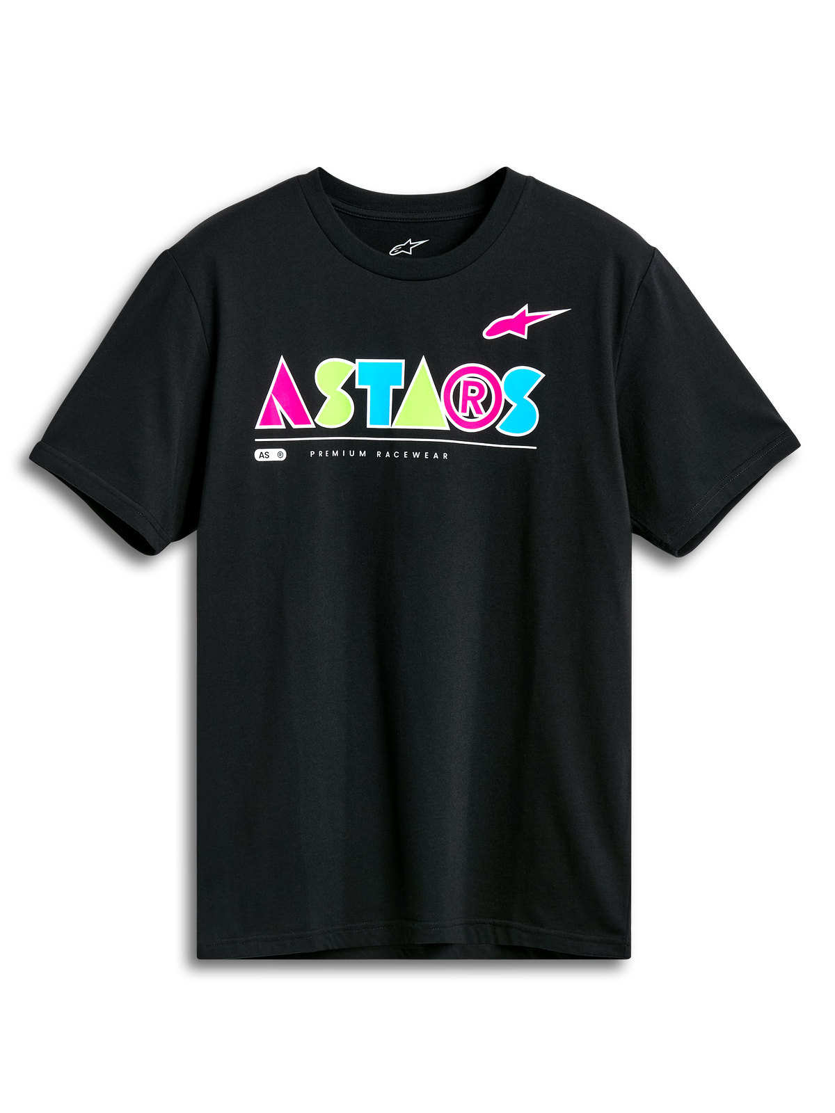 Alpinestars Cereal CSF Tee, kortærmet t-shirt, sort, farvestrålende geometrisk ASTARS-logo i pink, limegrøn og lyseblå, casual motorsport streetwear
