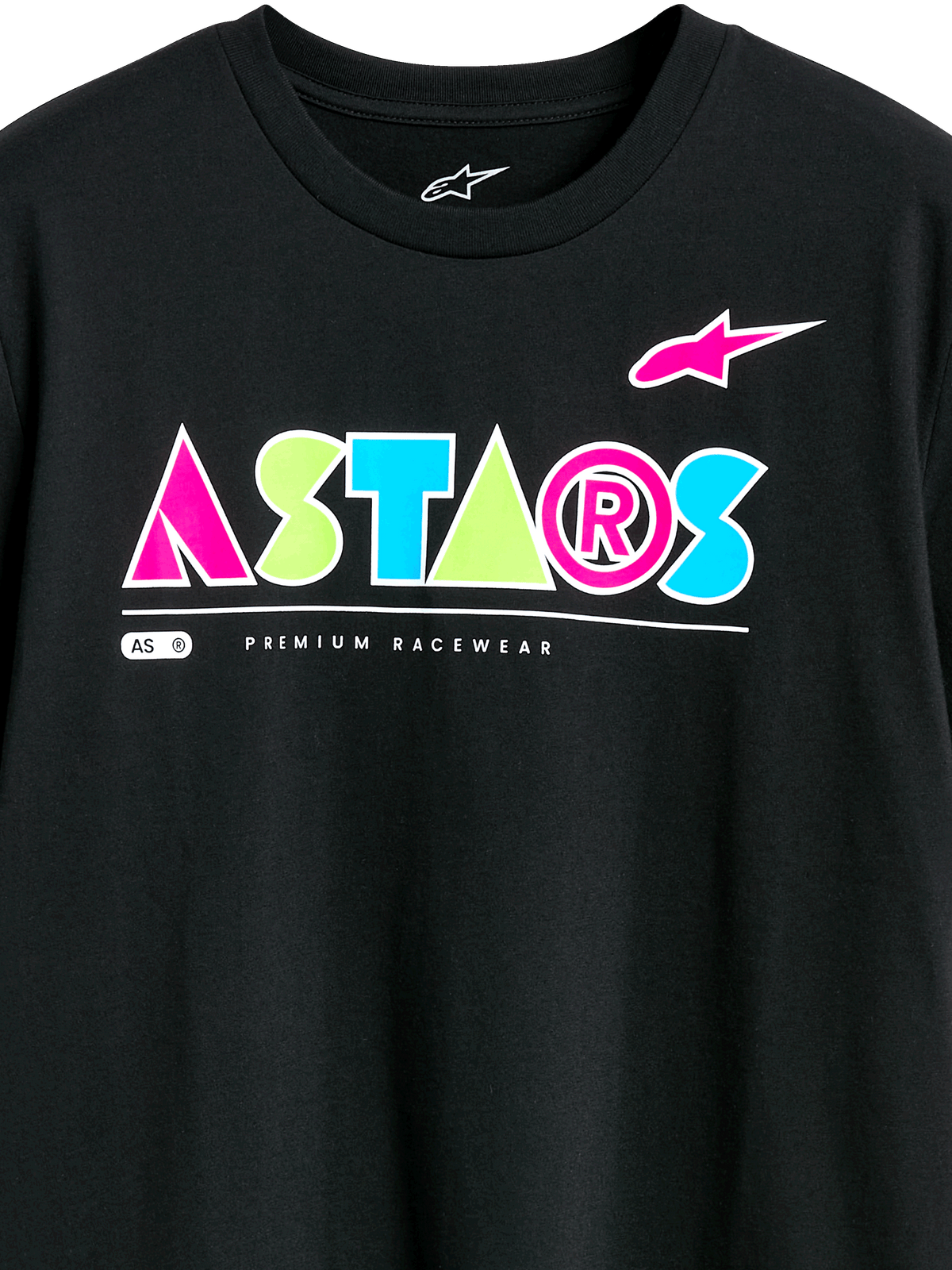 Alpinestars Cereal CSF Tee, kortærmet t-shirt, sort, farverigt geometrisk ASTARS-logo med detaljer i pink, grøn og blå, Premium Racewear-tekst, afslappet motorsport streetwear