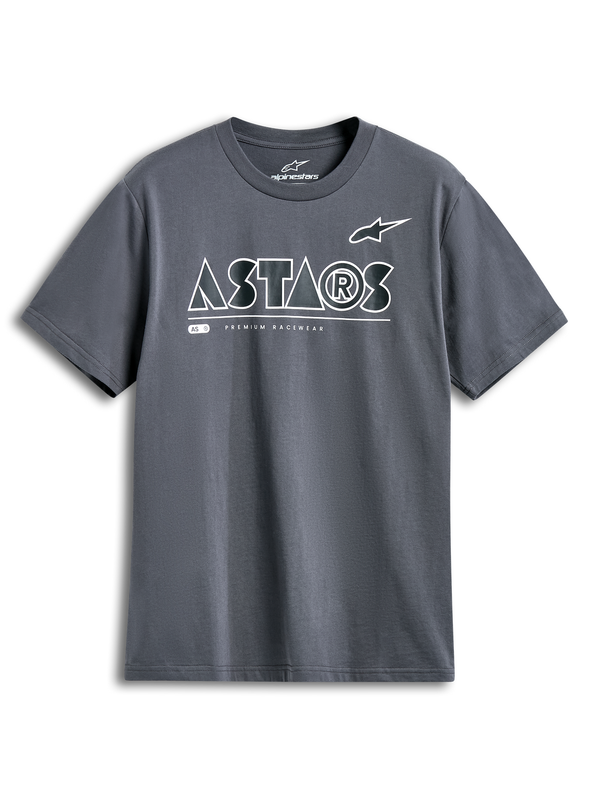 Alpinestars Cereal CSF Tee, Short Sleeve T-Shirt, Charcoal, white geometric ASTARS logo with Premium Racewear text, casual motorsport streetwear