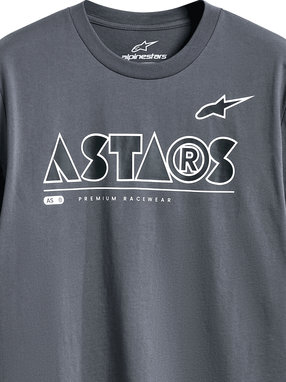 Alpinestars Cereal CSF Tee, Short Sleeve T-Shirt, Charcoal, detail view of front chest graphic featuring white geometric ASTARS text logo and PREMIUM RACEWEAR tagline, casual motorsport streetwear