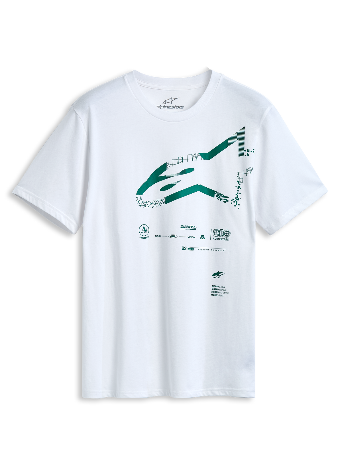 Alpinestars Geografica CSF Tee, kortærmet t-shirt, hvid, grønt Astars-logo på fronten med multi-tech grafik, casual motorsportstøj