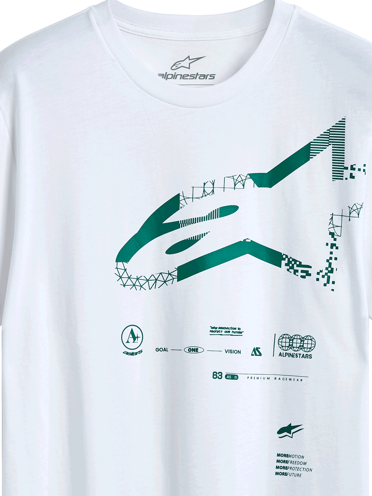 Alpinestars Geografica CSF Tee, kortærmet t-shirt, hvid, grønt Multi-Tech Astars-logo med geometrisk og pixel-grafik, afslappet motorsport-streetwear