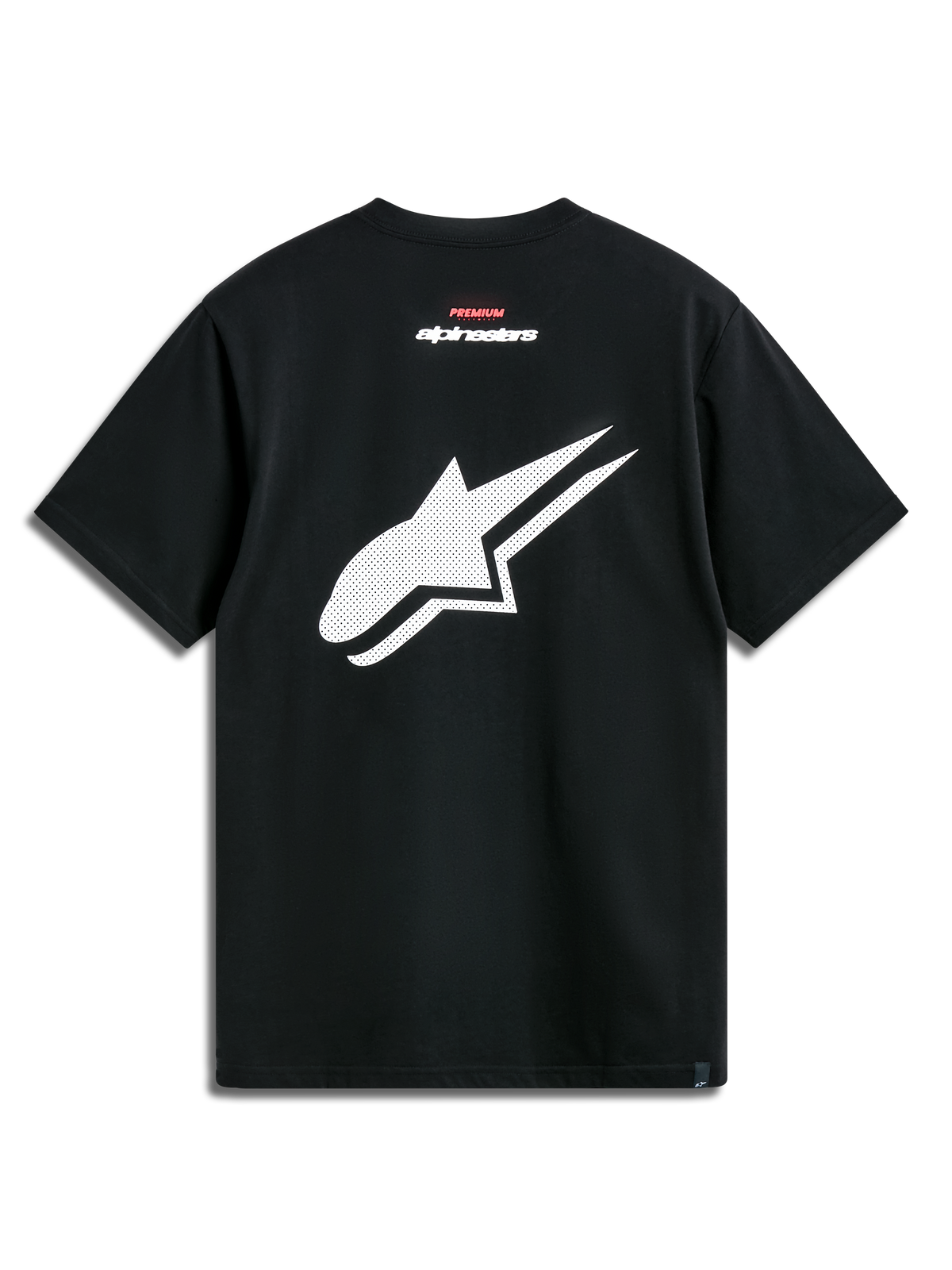 Alpinestars Formulate Csf Tee, kortærmet t-shirt, sort, set bagfra med et stort hvidt perforeret Astars-logo og rød og hvid tekstbranding, casual motorsport streetwear
