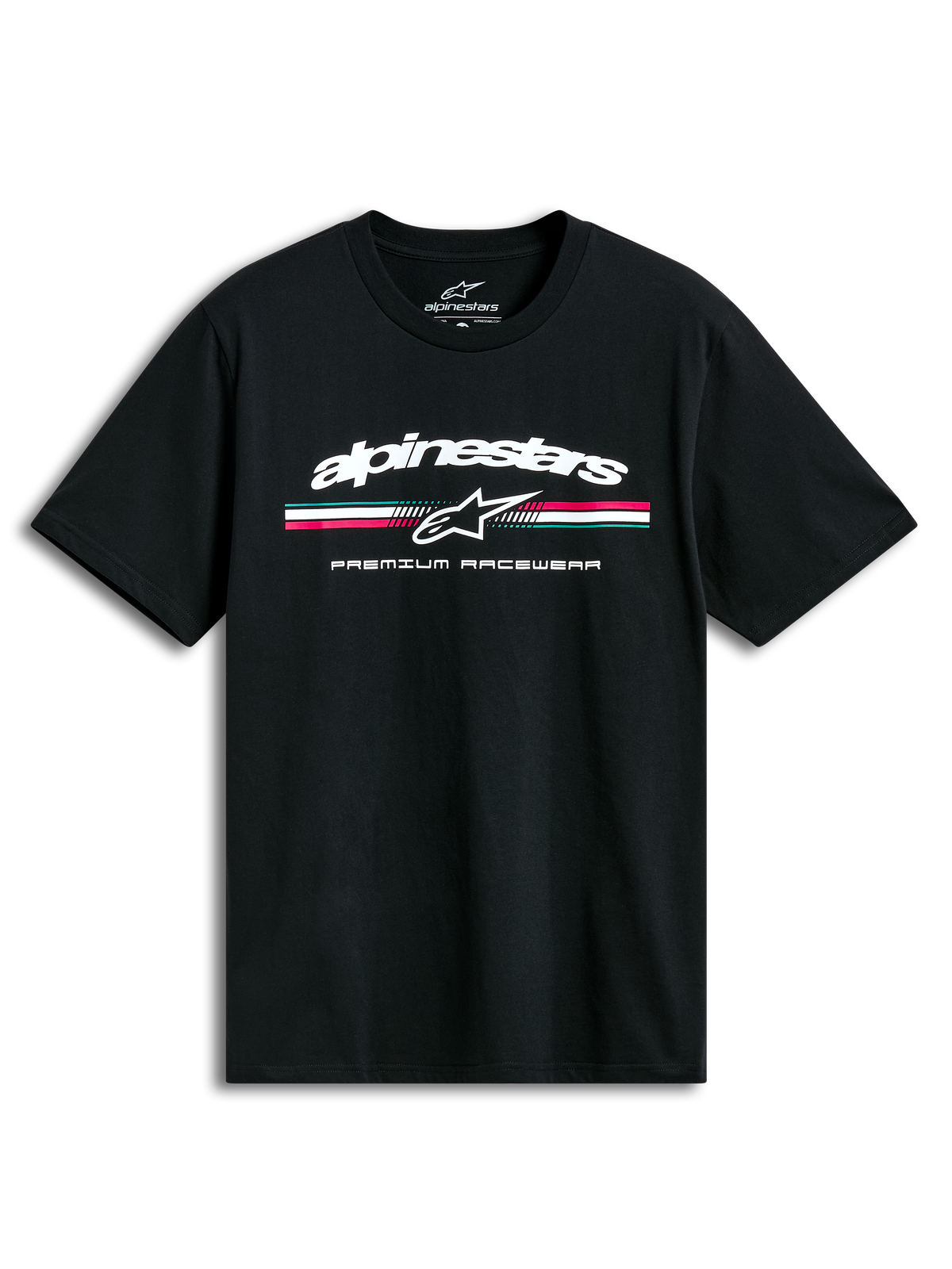 Alpinestars Prevail Csf T-Shirt, black short sleeve sportswear tee with a front paddock-style tri-color stripe logo and soft hand print