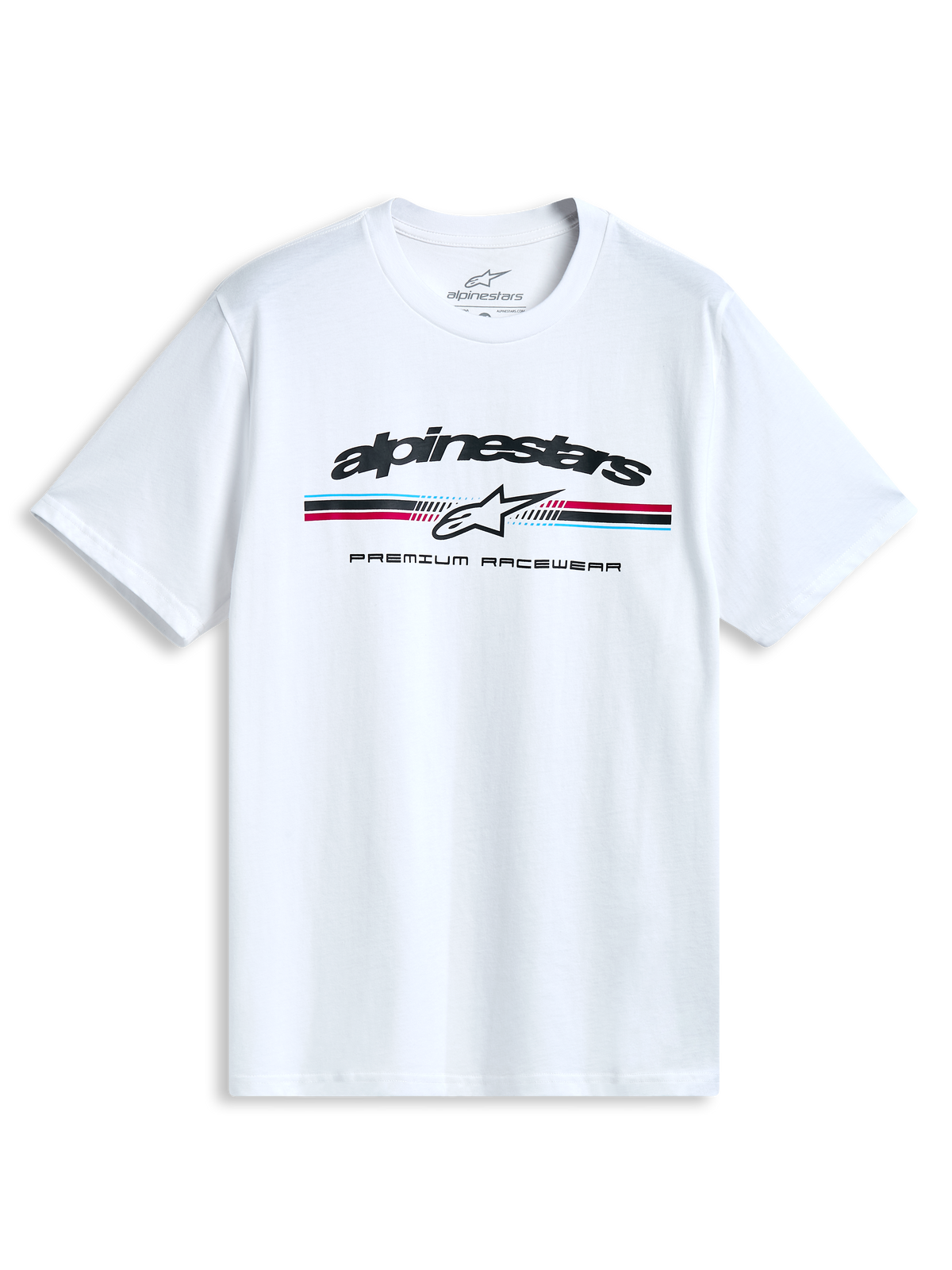 Alpinestars Prevail CSF T-shirt, hvid kortærmet T-shirt med et forside-paddock-stil trefarvet stribet logo, afslappet motorsport sportstøj