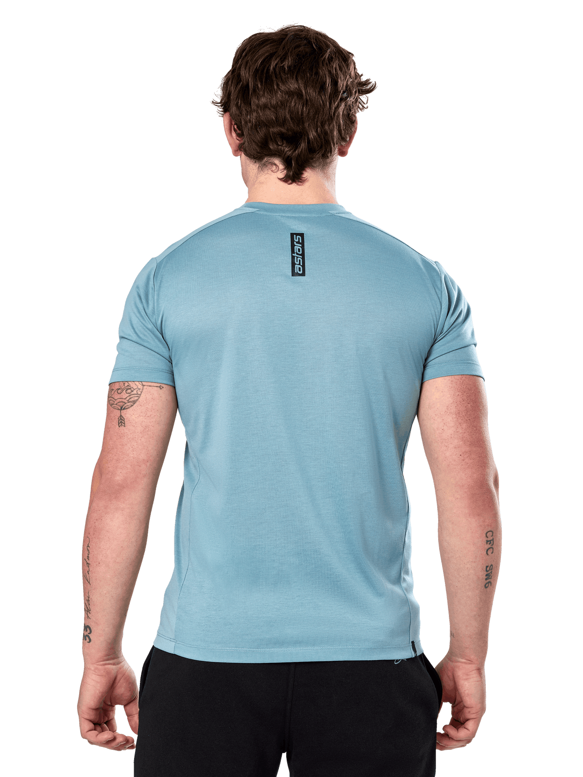 Alpinestars Point Performance Tee - kortærmet, Ice Blue, rygvisning med lille lodret sort 'astars' logo på øvre ryg, fugttransporterende performance-materiale, casual sportstøj