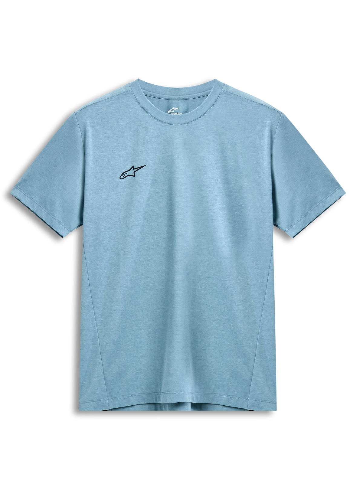 Alpinestars Point Performance Tee, kortærmet t-shirt, Ice Blue, lille sort stjernelogo på brystet, rund hals, bæredygtigt performance-materiale, casual motorsport streetwear