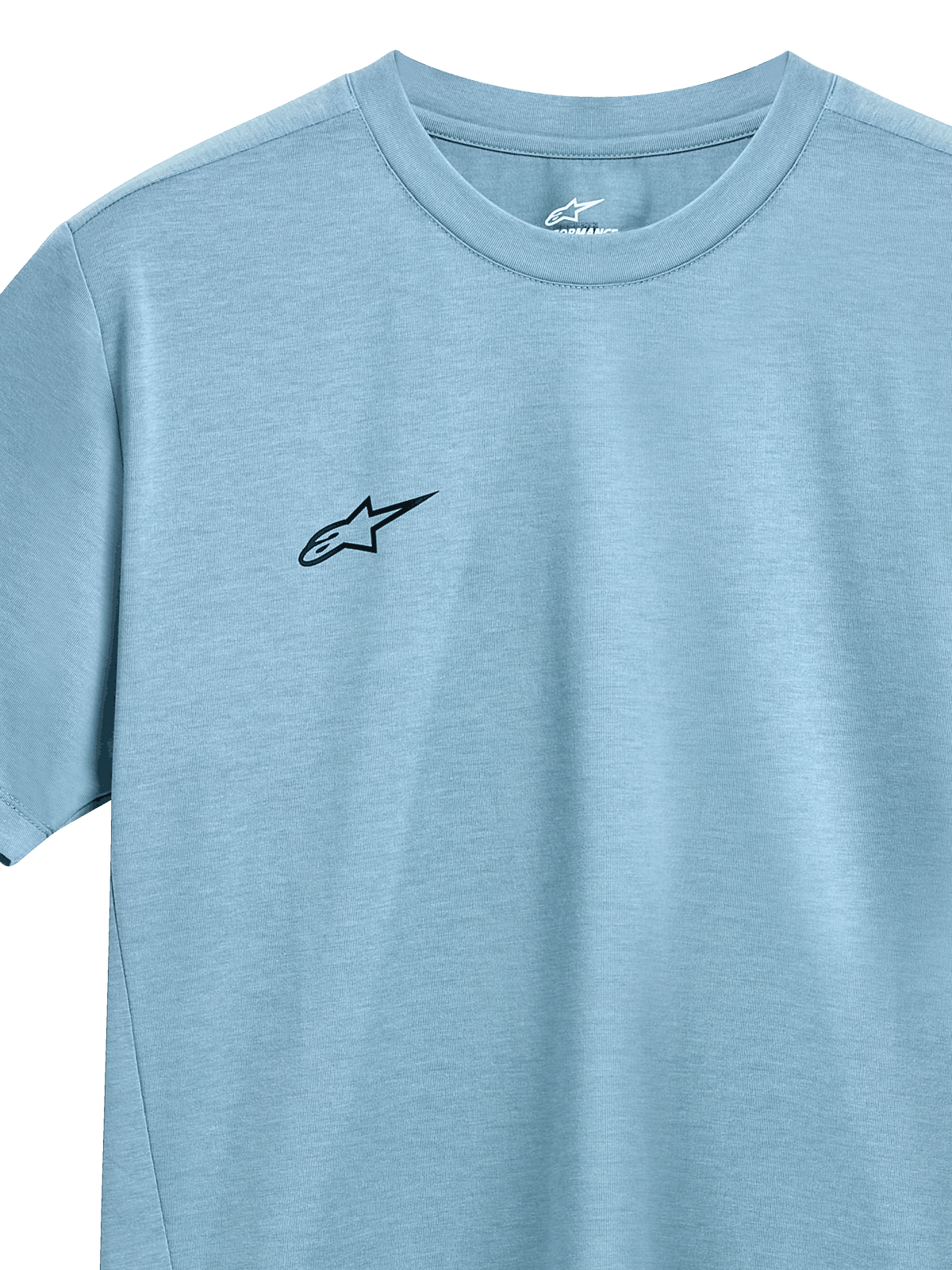 Alpinestars Point Performance Tee, kortærmet t-shirt, isblå, lille sort Alpinestars-logo på brystet, rund hals, fugttransporterende performance-stof