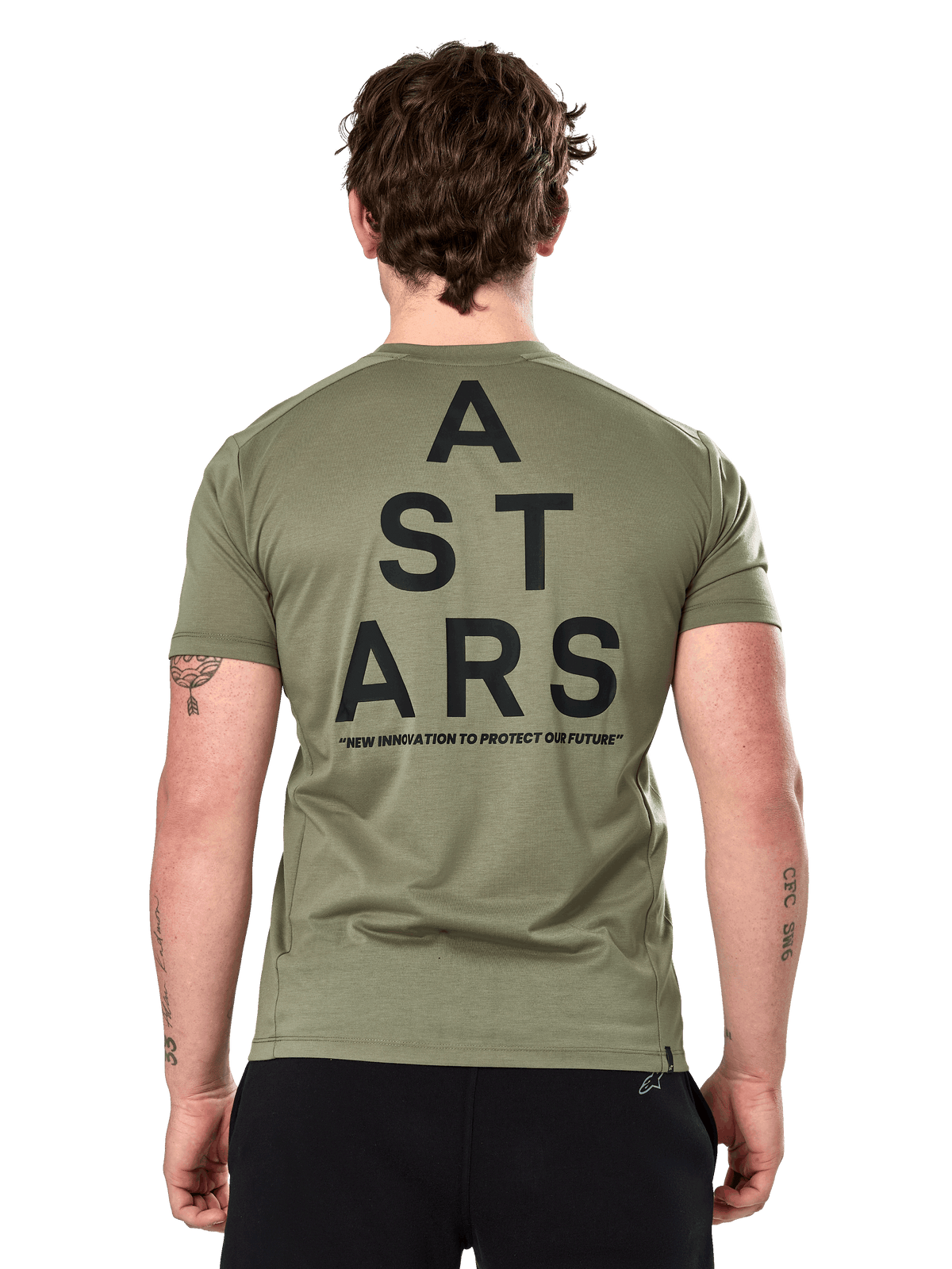 Alpinestars Attrition Performance Tee, Short Sleeve T-Shirt, Light Green, Back view featuring large black stacked 'A STARS' type graphic and 'NEW INNOVATION TO PROTECT OUR FUTURE' text, Sustainable Performance Sportswear