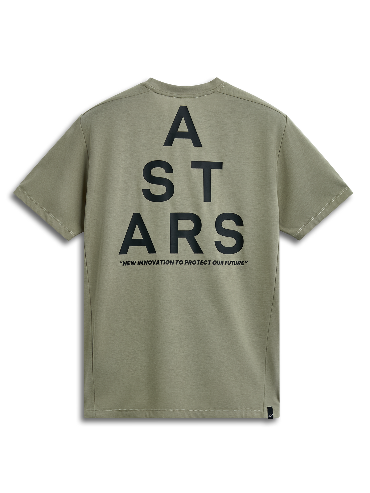 Alpinestars Attrition Performance Tee, Short Sleeve T-Shirt, Light Green, back view with large black ASTARS stacked graphic and 'NEW INNOVATION TO PROTECT OUR FUTURE' tagline, casual performance sportswear