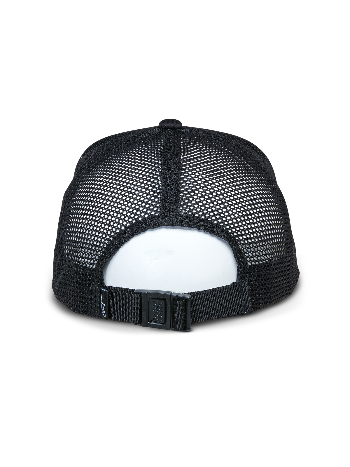 Alpinestars Alter Trucker Hat, sort, set bagfra med åndbare genanvendte mesh-paneler og justerbar spændelukning, afslappet sportswear-tilbehør