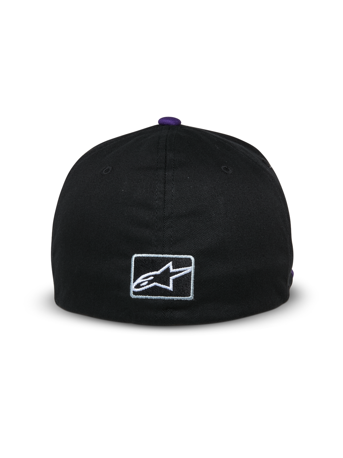 Alpinestars Franchise-kasket, sort baseball-kasket set bagfra, lilla knap på toppen, lille hvidt broderet Astars-logo bagpå, flex-back design, afslappet motorsport-inspireret streetwear
