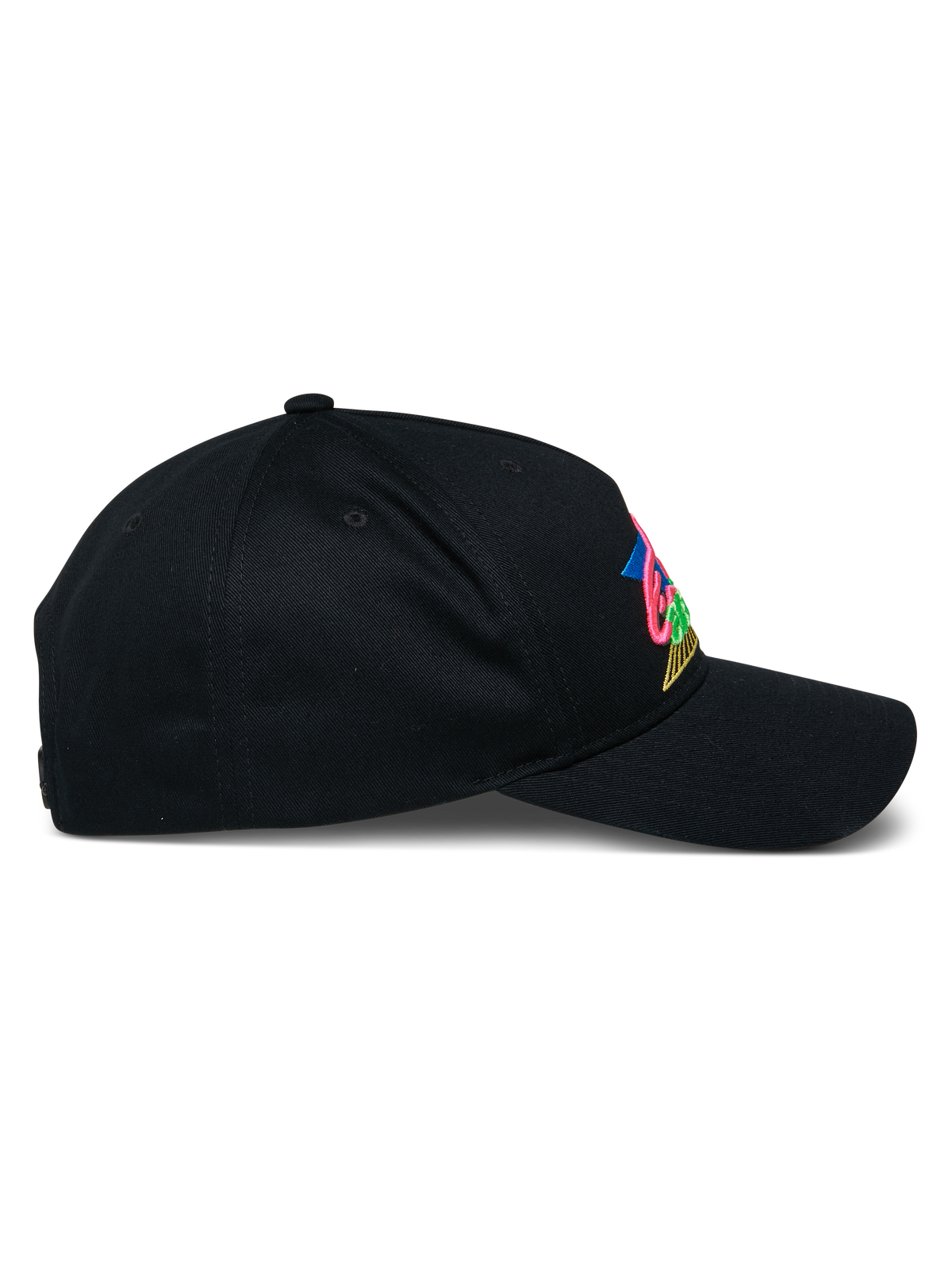 Alpinestars Vivid Hat, Black Baseball Cap, side view featuring curved bill and semi-structured crown, colorful 3D embroidered logo on front, casual cotton twill streetwear
