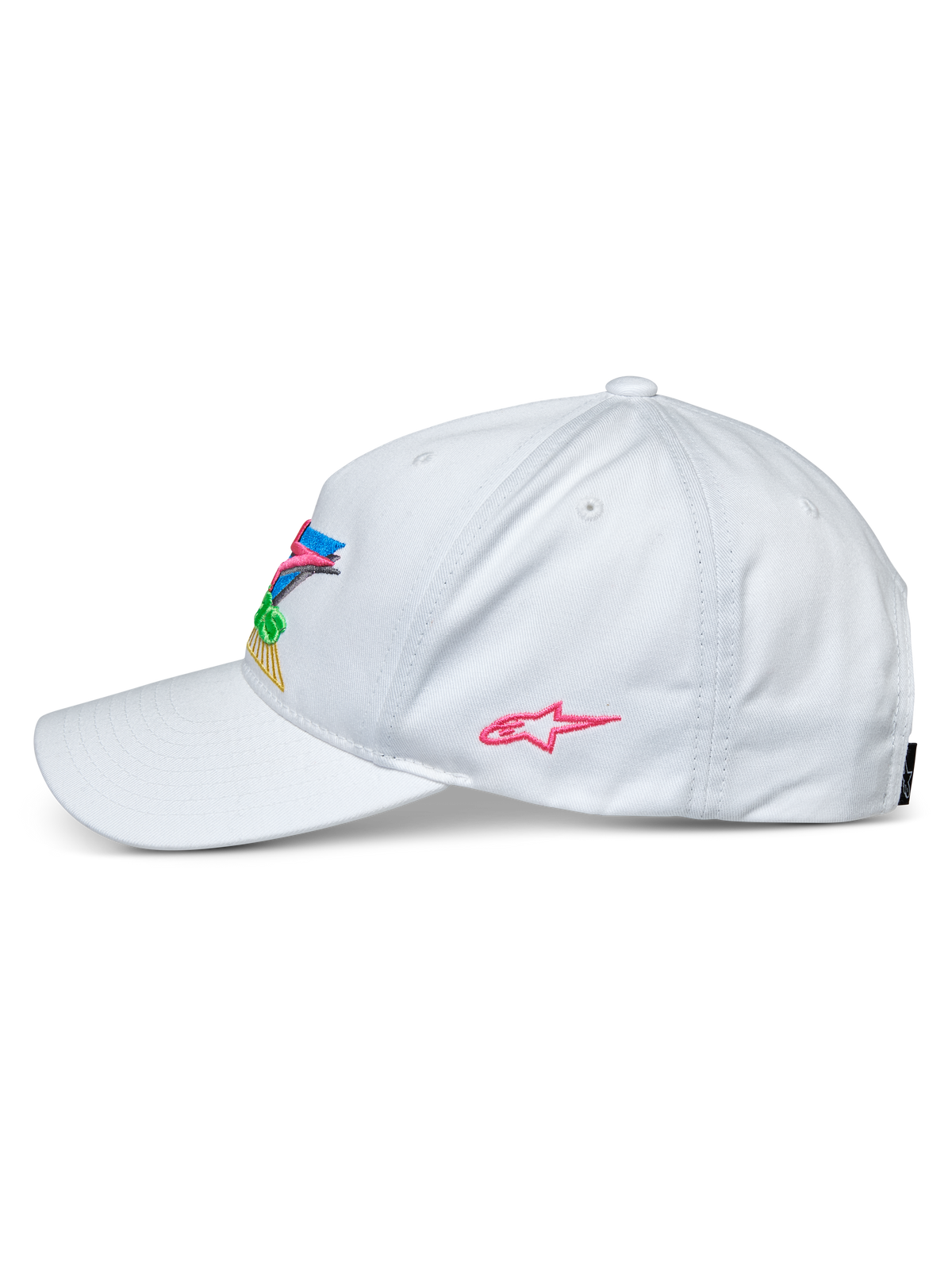 Alpinestars Vivid kasket, hvid, baseballkasket set fra siden, buet skygge og semi-struktureret lav krone, farverigt 3D-broderi på forsiden og et lyserødt stjernelogo på siden, afslappet sportswear-hovedbeklædning