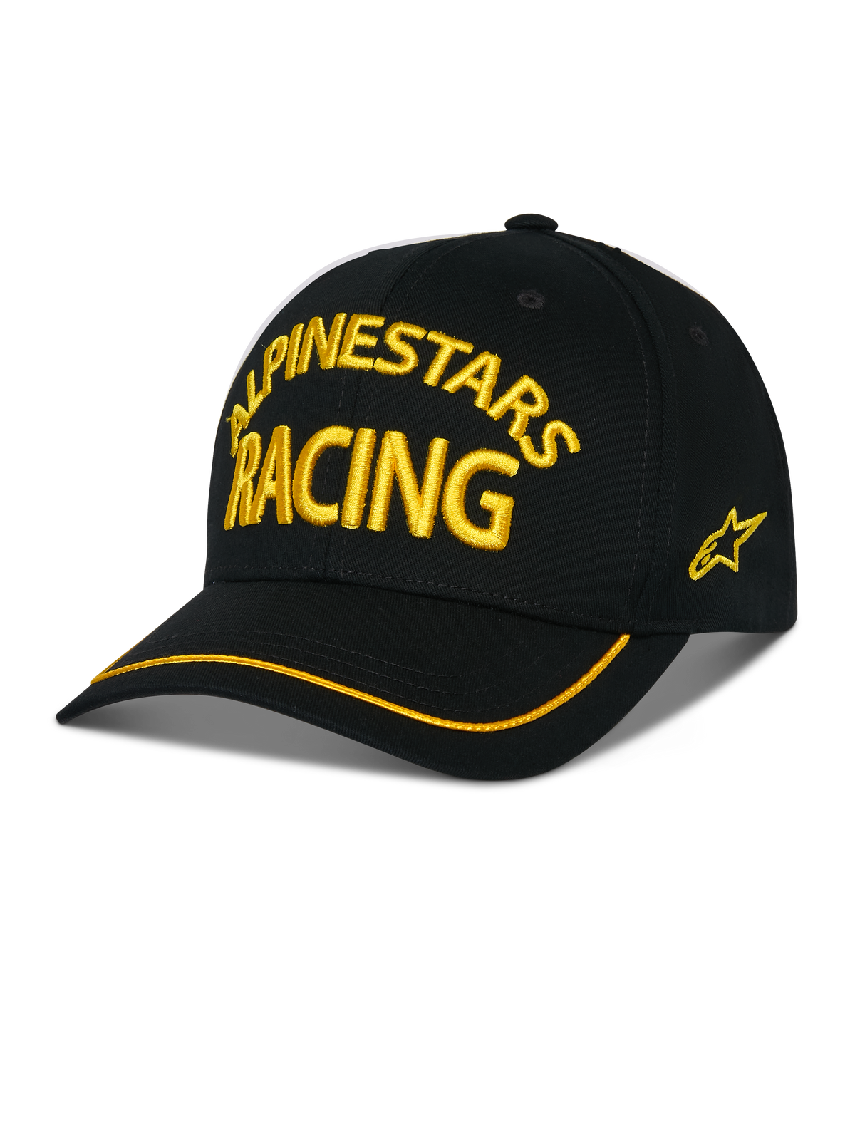 Alpinestars Luminary kasket, sort baseballcap, gult ALPINESTARS RACING 3D-broderi, buet skygge med gul kant, stjernelogo på siden, afslappet motorsport-streetwear