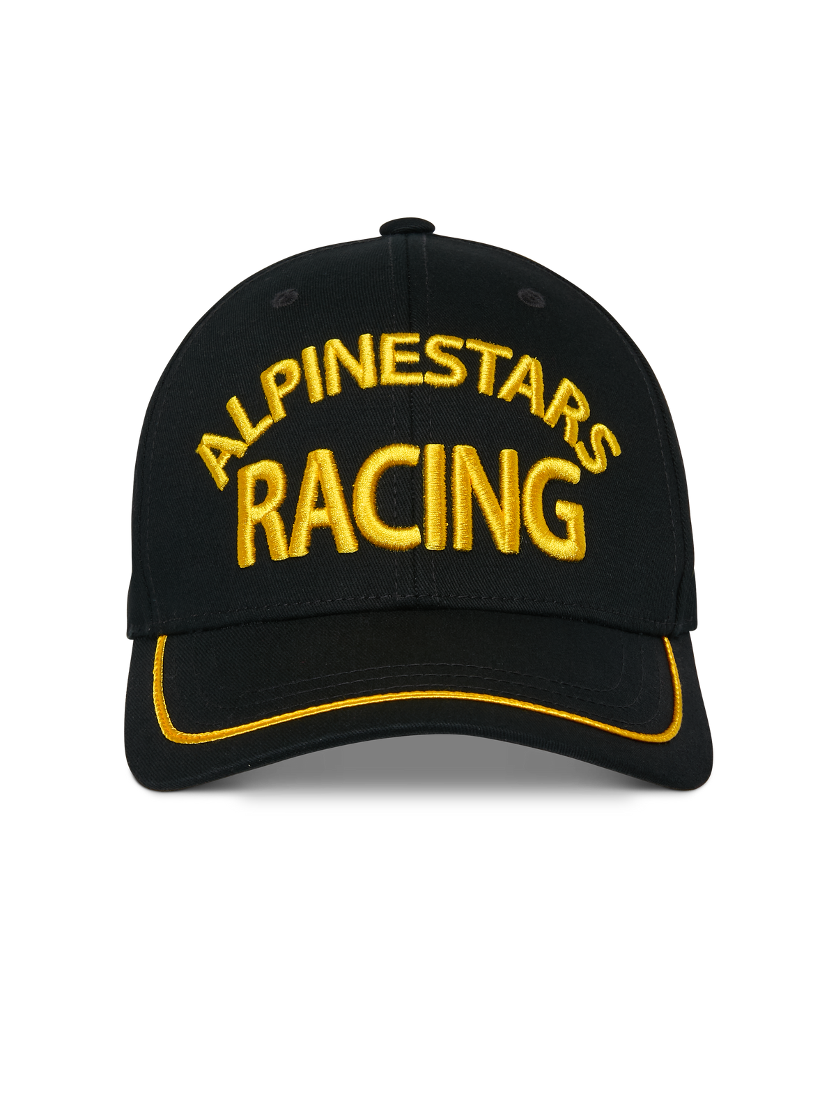 Alpinestars Luminary kasket, sort snapback kasket, gult 3D Alpinestars Racing-broderi på fronten, buet skygge med gul sutache-kant, casual motorsport hovedbeklædning
