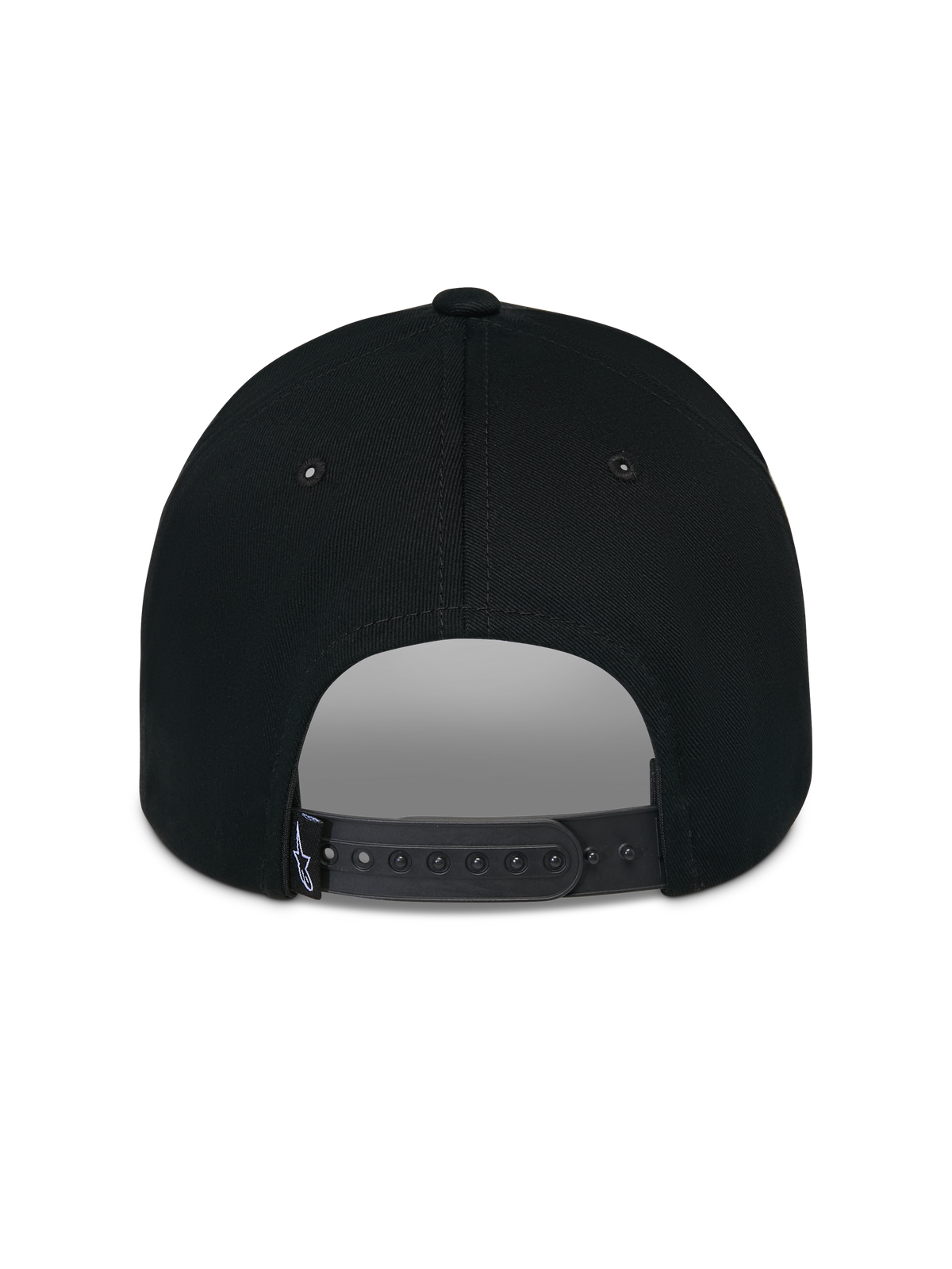 Alpinestars Luminary kasket, sort, set bagfra viser justerbar snapback-lukning og lille vævet logo-mærke, struktureret bomuldskrone, casual motorsport-inspireret hovedbeklædning
