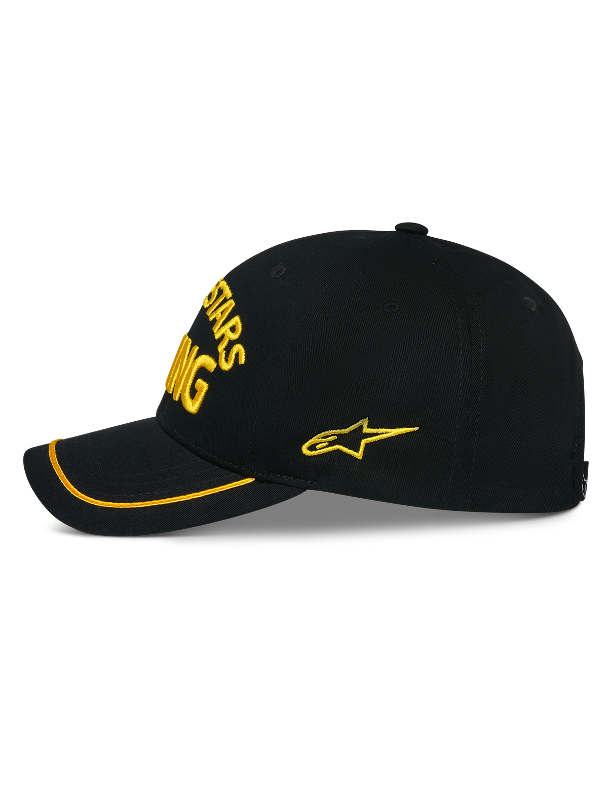 Alpinestars Luminary Kasket, sort snapback kasket vist fra siden, gult 3D-broderi på forsiden og siden, buet skygge med gul sutache-kant, struktureret bomuldstwill-konstruktion