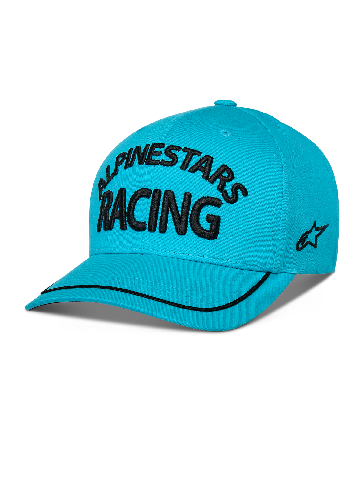 Alpinestars Luminary kasket, snapback med buet skygge, aquablå, sort 3D-broderet 'ALPINESTARS RACING' tekst, fladt broderet logo på siden, sort sutache-kant på skyggen, casual motorsport-inspireret hovedbeklædning