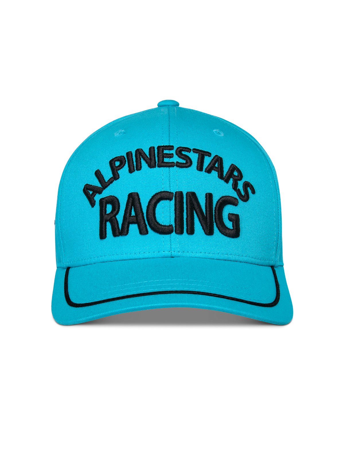 Alpinestars Luminary kasket, Aqua blå, set forfra af snapback-kasket med buet skygge, sort 3D-broderet Alpinestars Racing-logo, sort sutache-kant på skyggen, struktureret krone, afslappet sportstøj