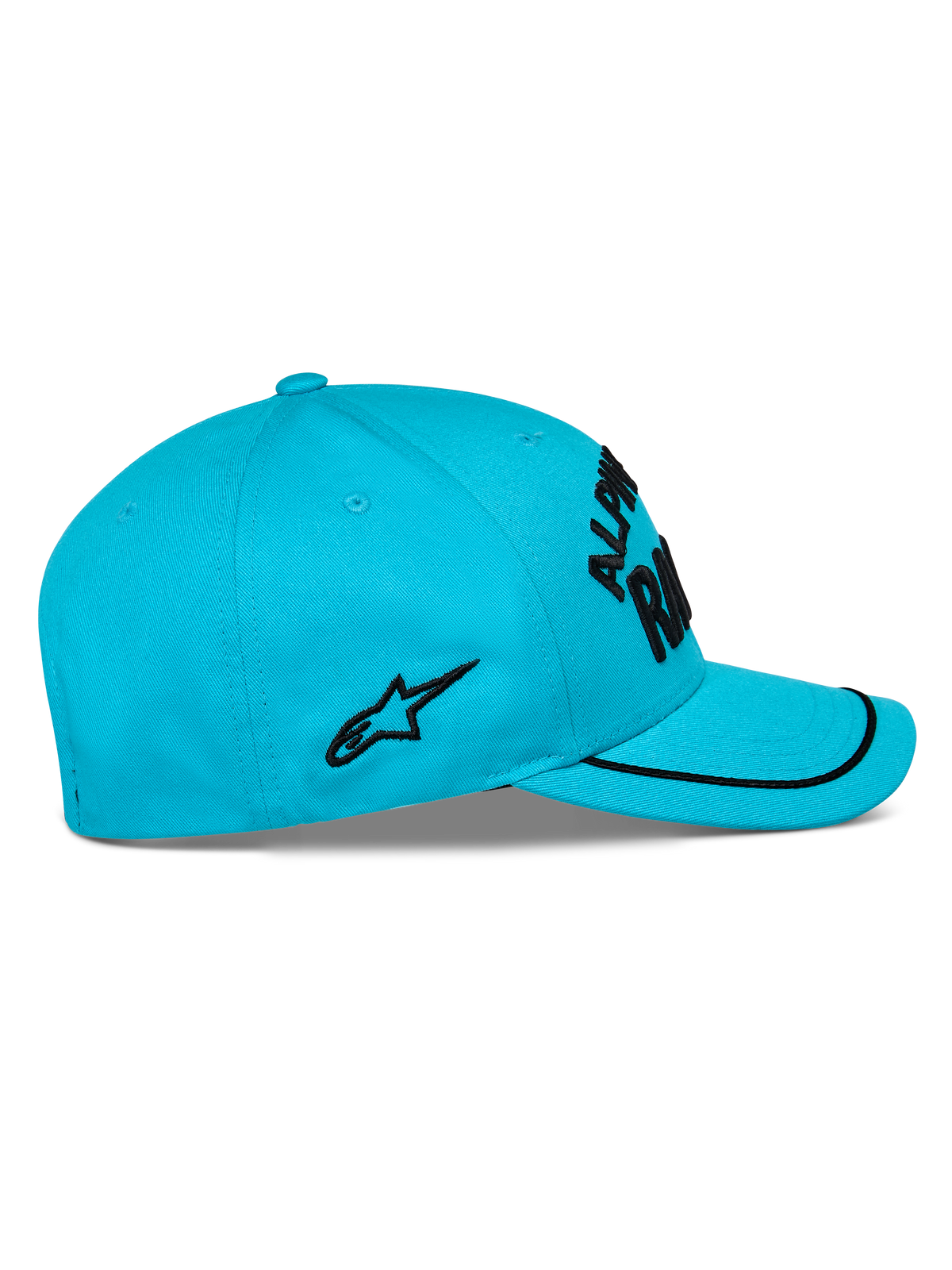 Alpinestars Luminary Hat, Aqua Blue, set fra siden, buet skygge med sort sutache-kant, sort fladt broderet logo på siden, struktureret krone, casual motorsport-hovedbeklædning