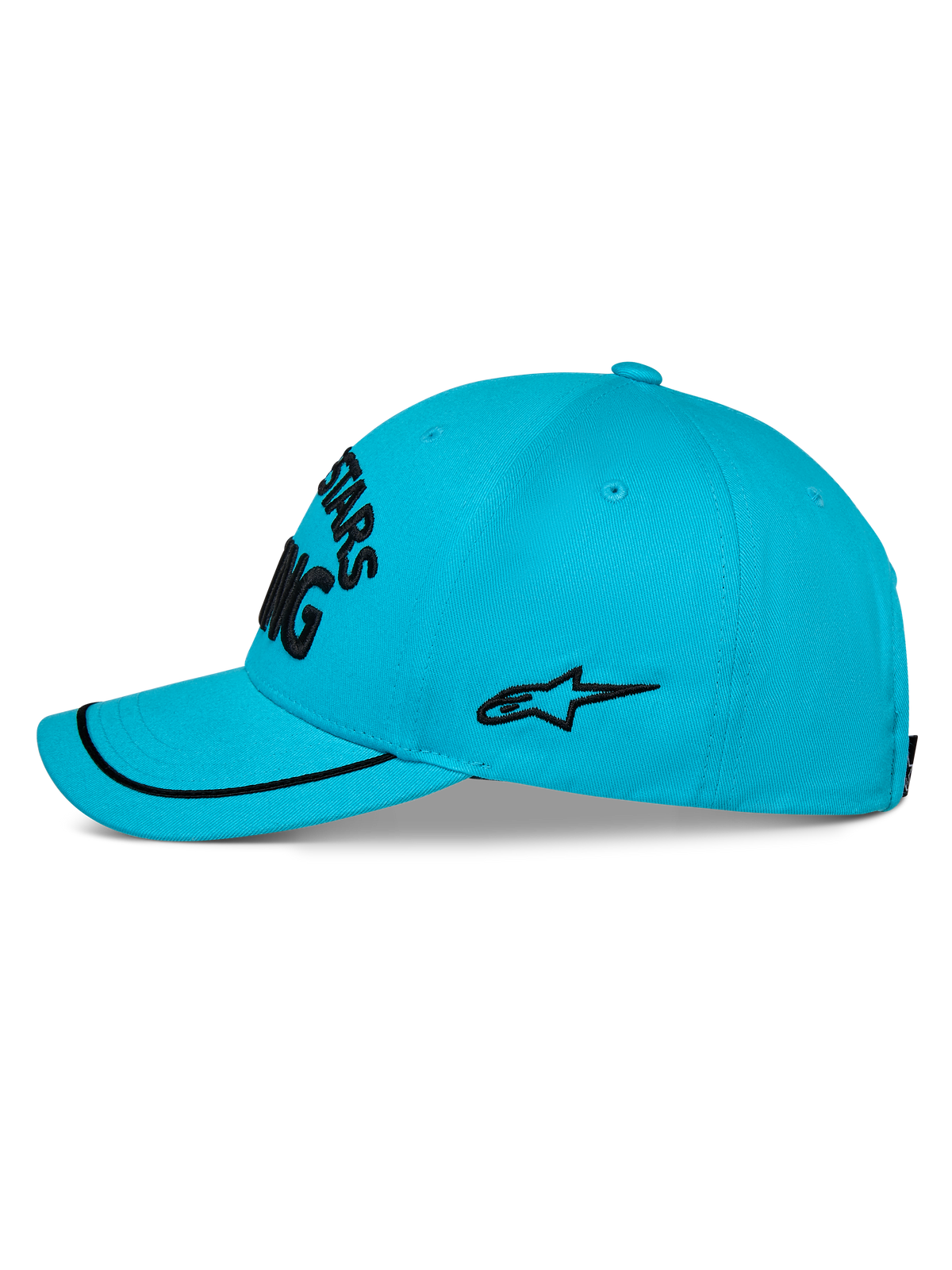 Alpinestars Luminary kasket, aqua-blå baseball-kasket, set fra siden, buet skygge med sort sutache-kant, sort broderet logo på siden, struktureret krone, afslappet sportstøj