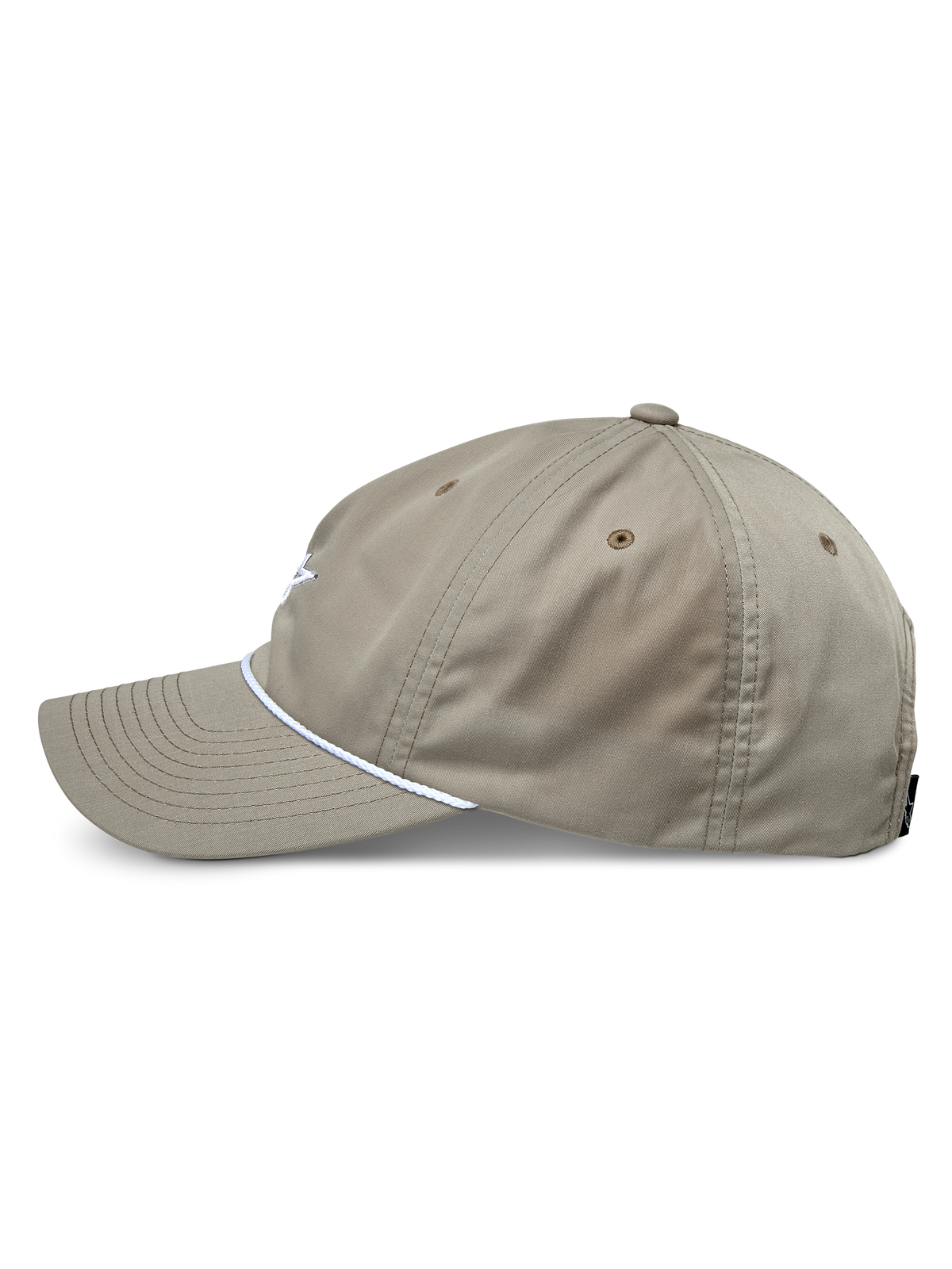 Alpinestars Tyler kasket, Khaki, sideprofil med buet skygge og hvid flettet rebkant, ustruktureret kasket med lav krone, casual sportstøj.