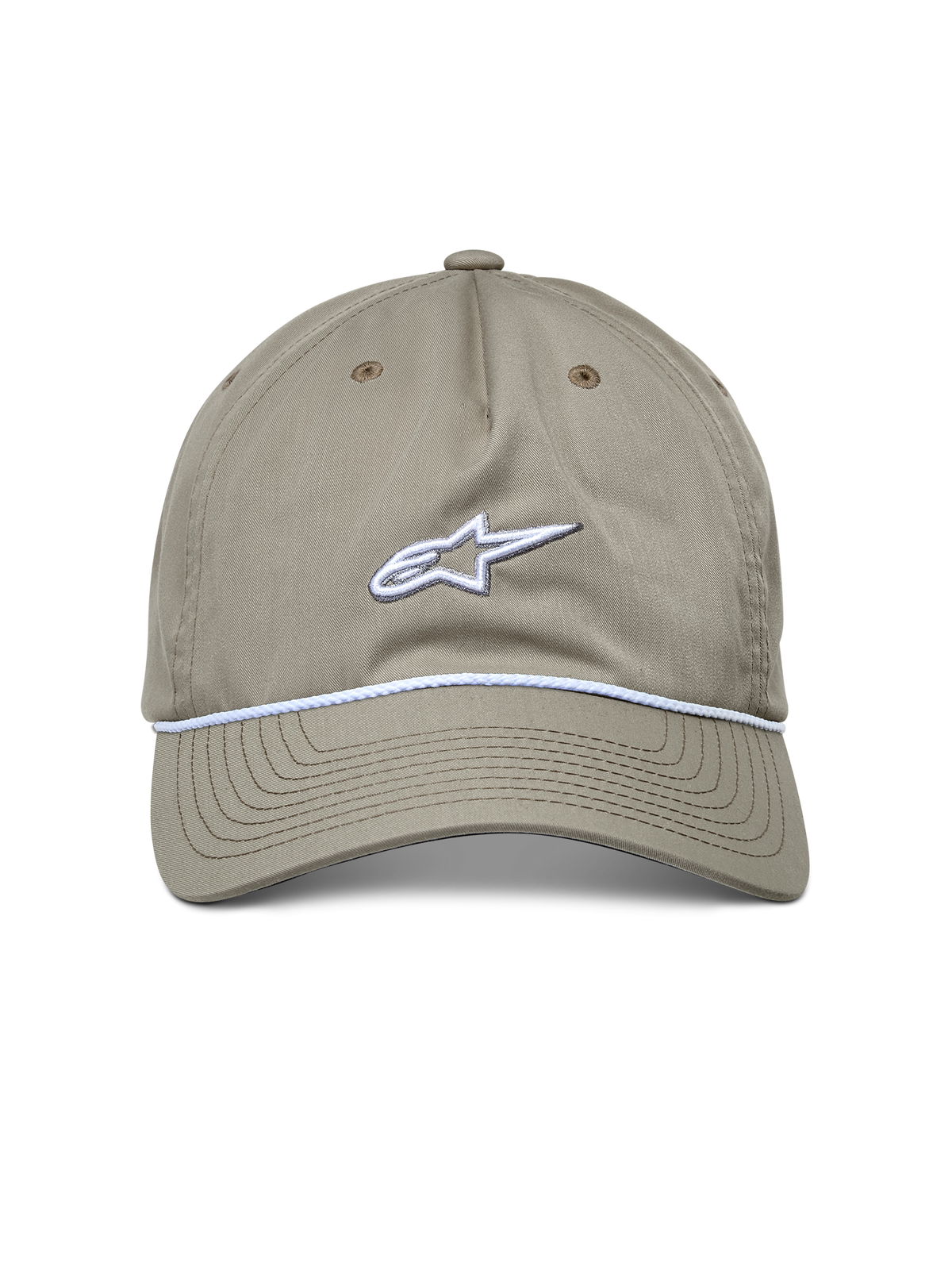 Alpinestars Tyler kasket, casual kasket til sportstøj, khaki, set forfra med hvidt broderet logo og flettet rebkant, buet skygge, afslappet design med lav krone