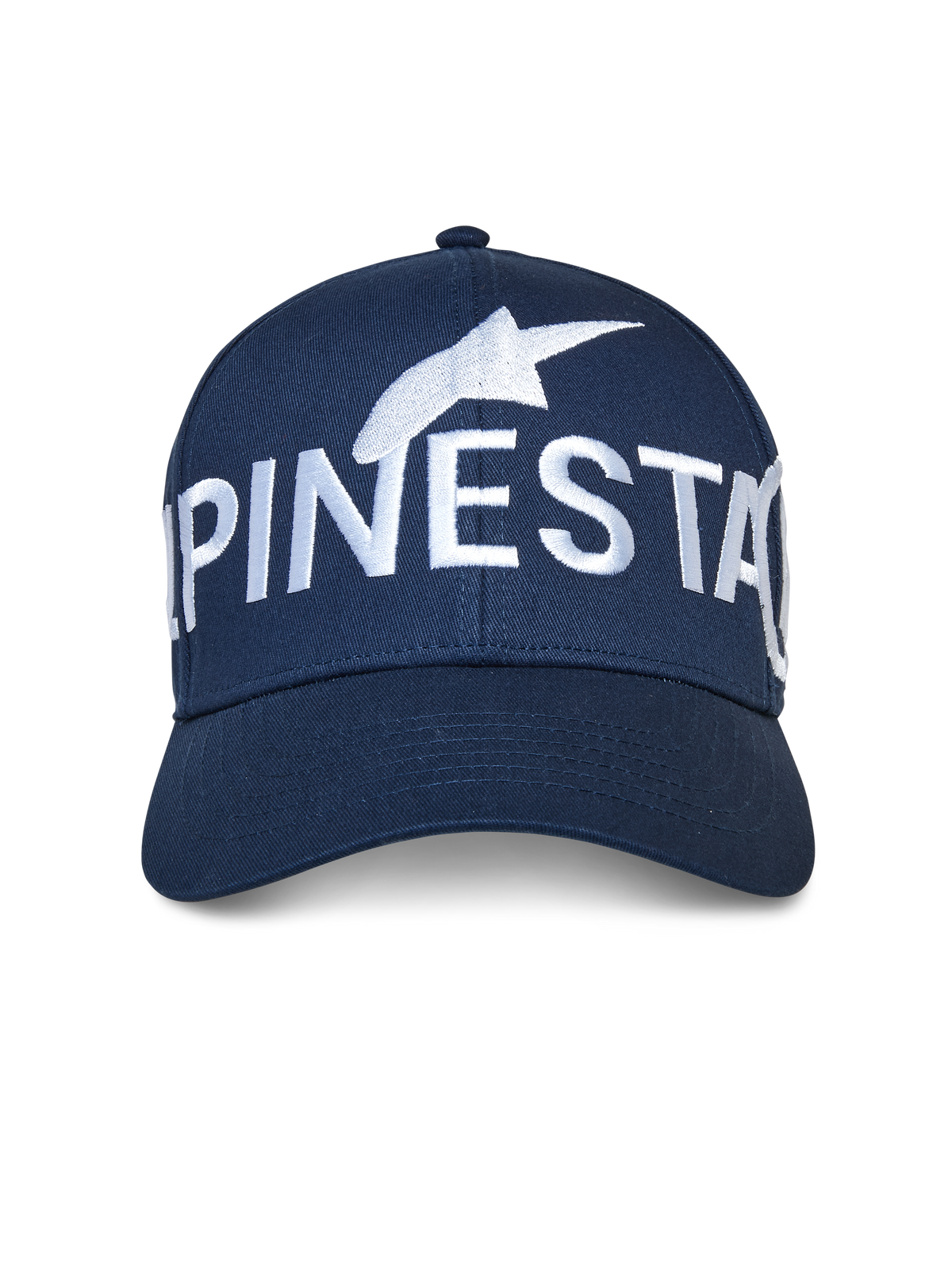 Alpinestars Committed kasket, mørkeblå, snapback kasket, med et stort hvidt broderet Alpinestars-logo på fronten, struktureret krone med buet skygge, afslappet motorsport streetwear