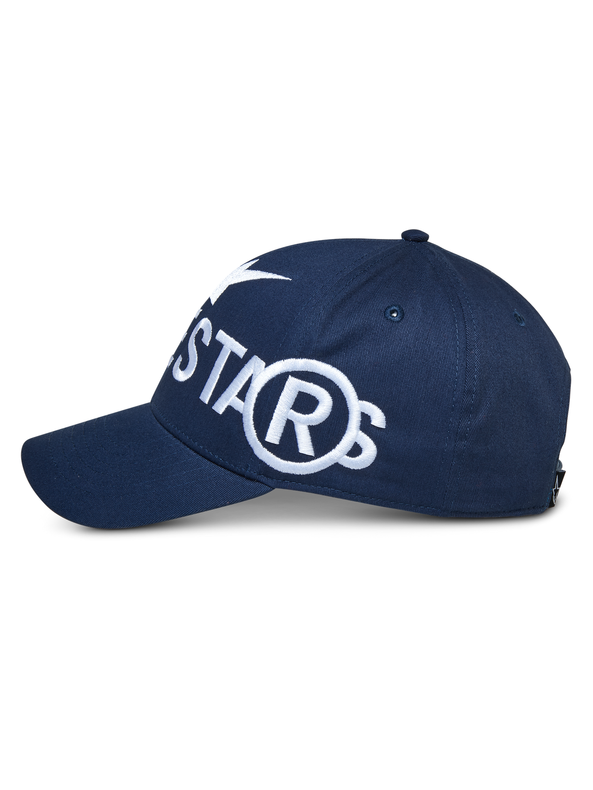 Alpinestars Committed kasket, mørkeblå snapback, set fra siden med stort hvidt broderet logo, buet skygge og struktureret krone, casual sportstøj