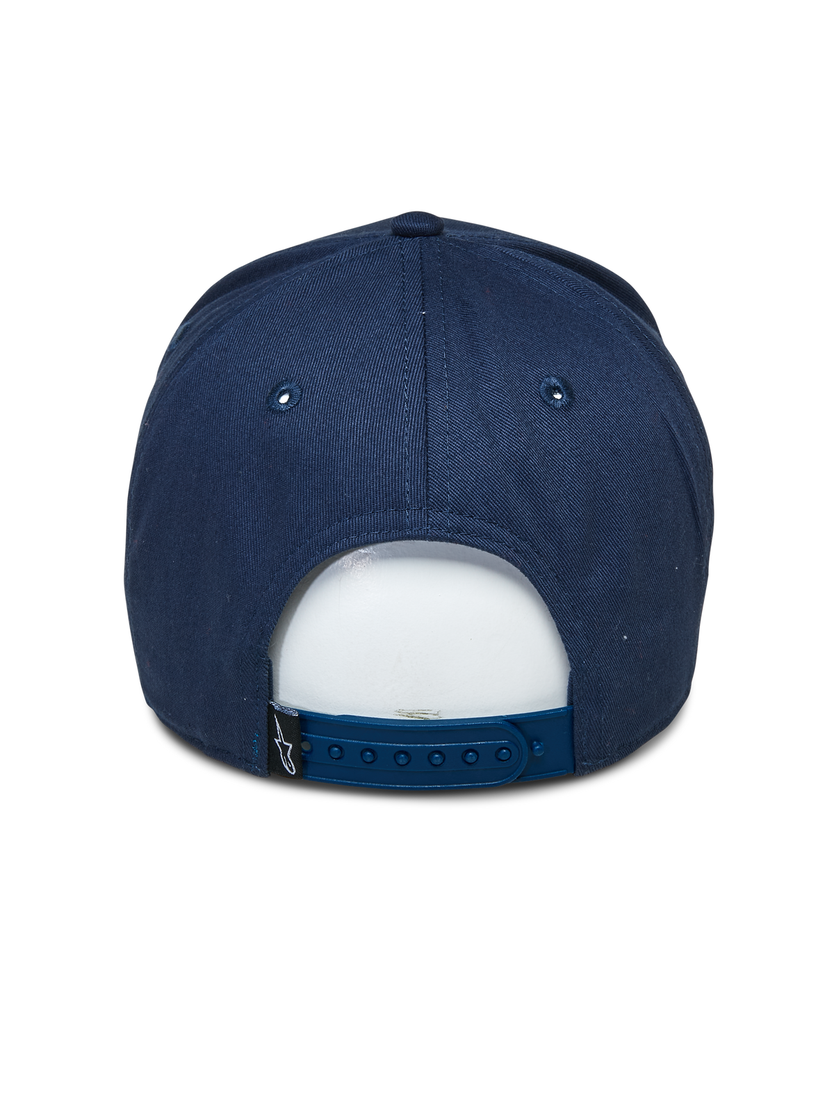 Alpinestars Committed kasket, marineblå, snapback kasket, set bagfra, med justerbar plastlukning og lille sort logomærke, afslappet motorsport-inspireret hovedbeklædning