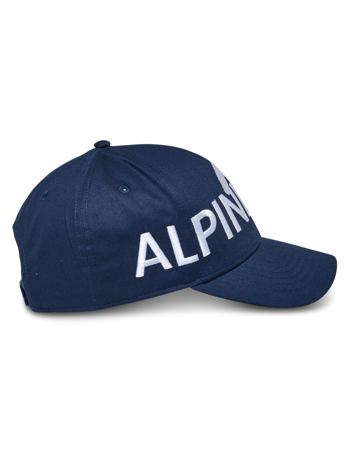 Alpinestars Committed kasket, snapback baseball-kasket, marineblå, set fra siden med stort hvidt broderet logo, struktureret krone med buet skygge, holdbart twill-stof, afslappet motorsports-hovedbeklædning